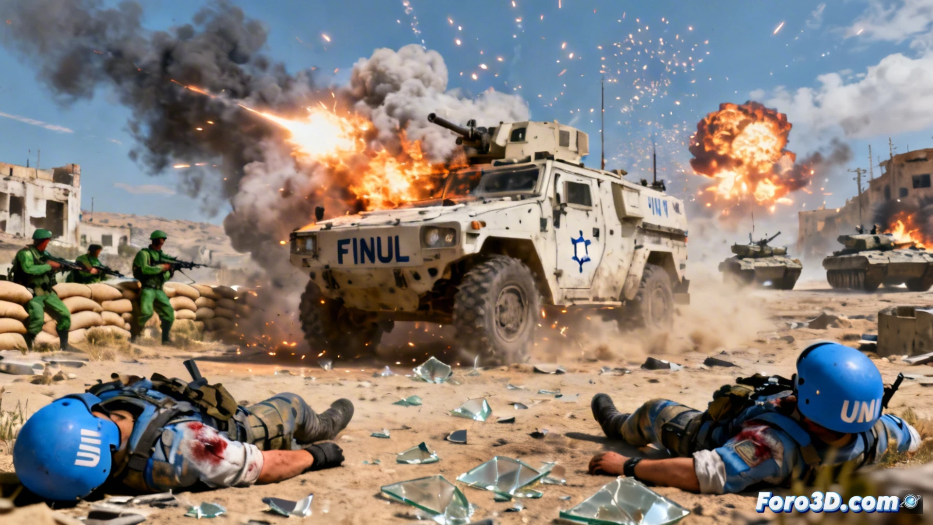 3D forensic reconstruction of the attacked peacekeepers' vehicle in southern Lebanon, showing damage and surroundings.