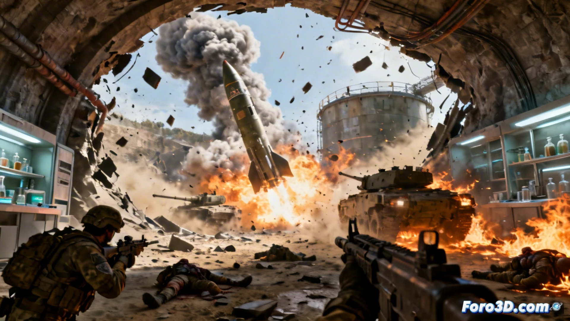 Modelado 3D de instalaciones militares hipotéticas, mostrando estructuras superficiales y túneles subterraneos tras un impacto simulado.