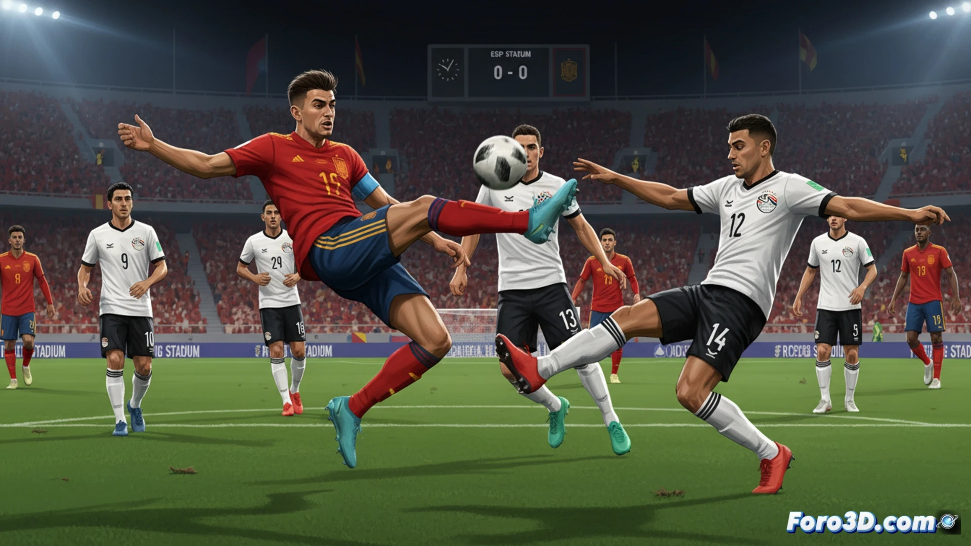 Reconstruccion 3D de la posicion de los jugadores espanoles y egipcios durante un ataque fallido, vista aerea.