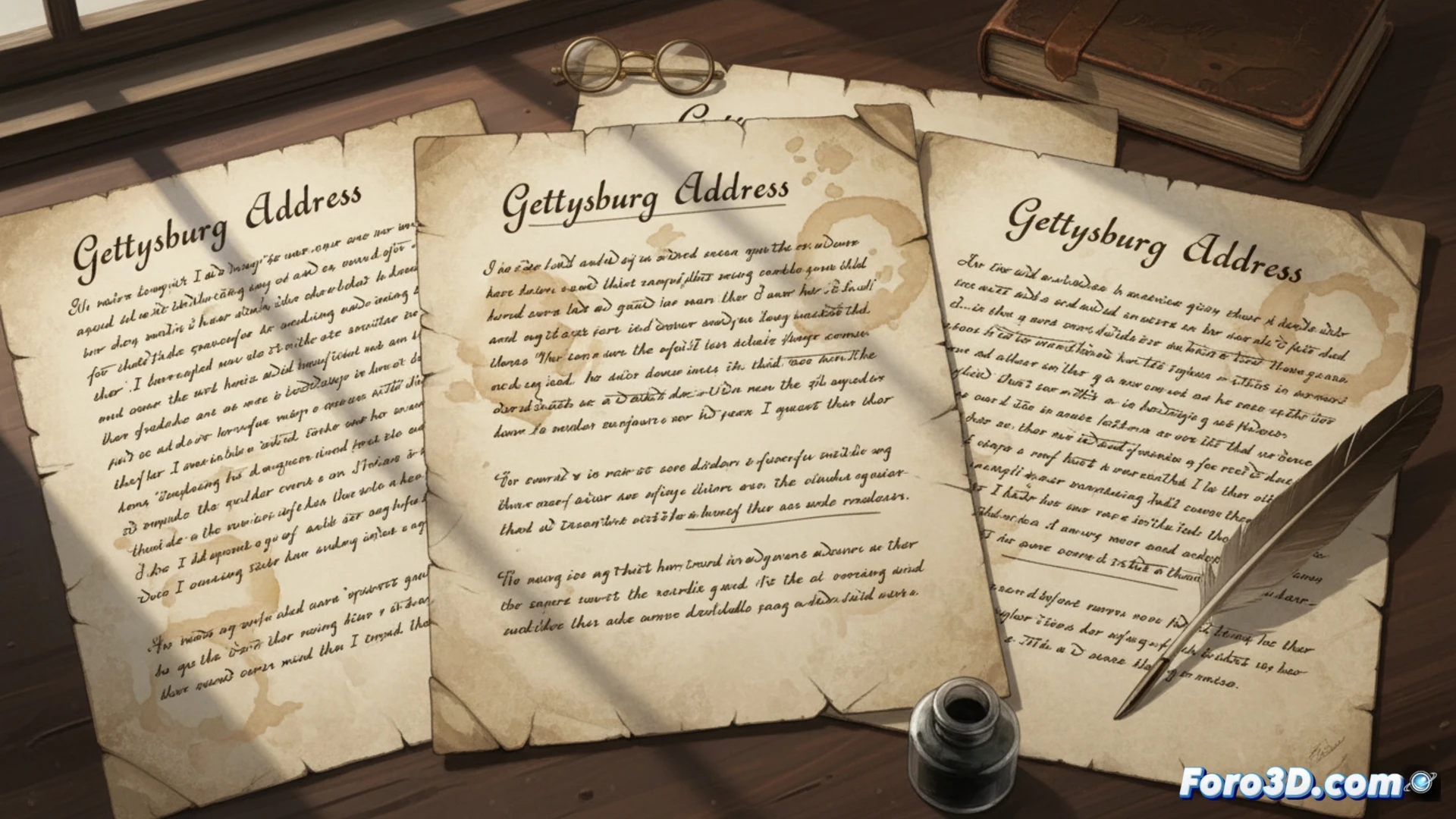 Modelo 3D interactivo de las cinco versiones manuscritas del Discurso de Gettysburg, con variaciones de texto resaltadas.