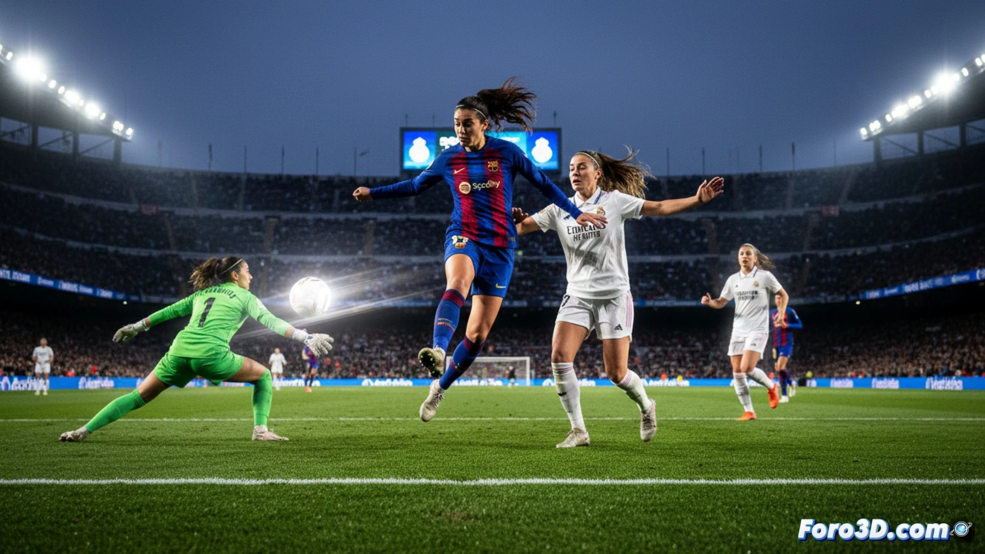 Reconstruccion 3D de la posicion tactica del Barcelona durante un ataque en el Clasico femenino.