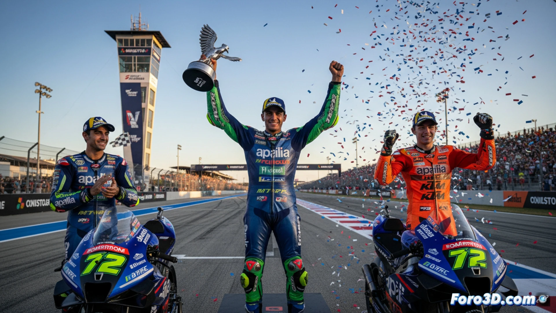 Modelo 3D de un piloto de MotoGP en plena inclinacion, con datos de telemetria superpuestos sobre el asfalto y la moto.