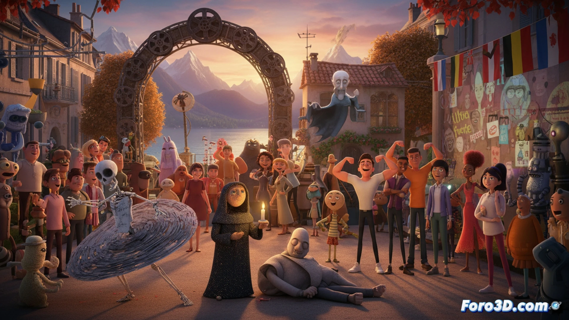 Vista aerea del Festival de Annecy con pantallas mostrando diversos estilos de cortometrajes de animacion.