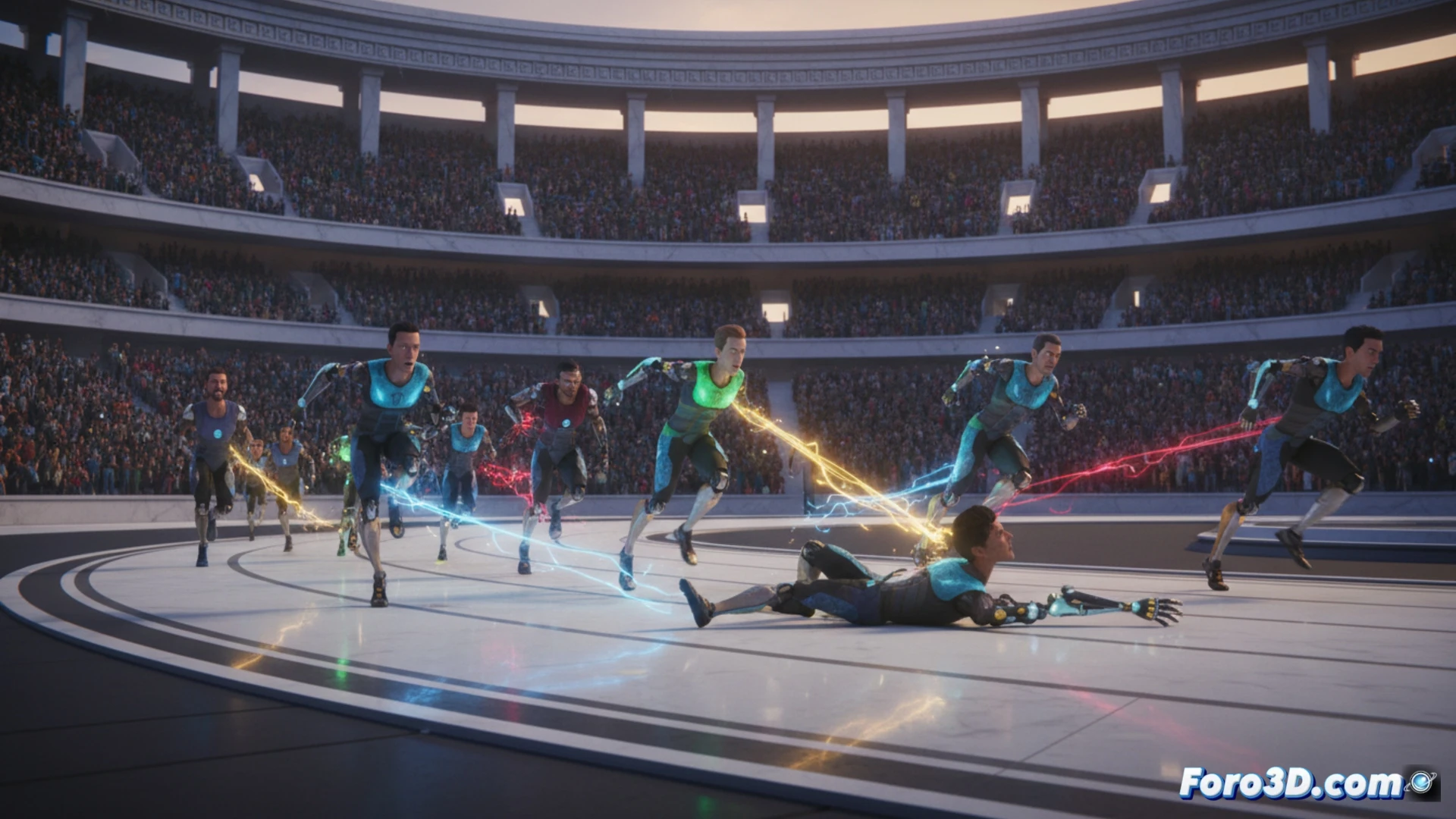 Atleta de mármol y grafeno en estadio distópico, compitiendo bajo un logo olímpico genético.