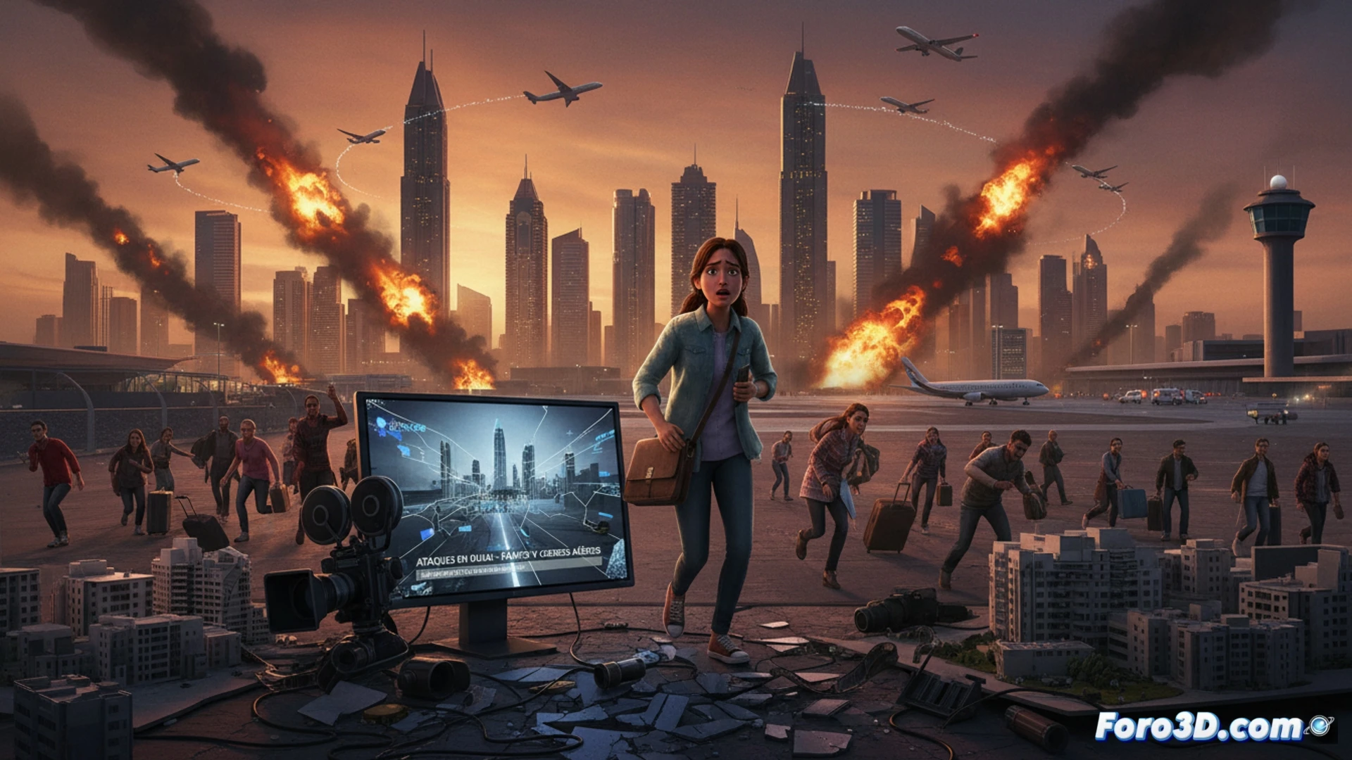 Una escena nocturna en Dubai: misiles interceptados sobre rascacielos iluminados, mientras artistas 3D trabajan en pantallas que muestran proyectos de VFX y renders arquitectónicos congelados.