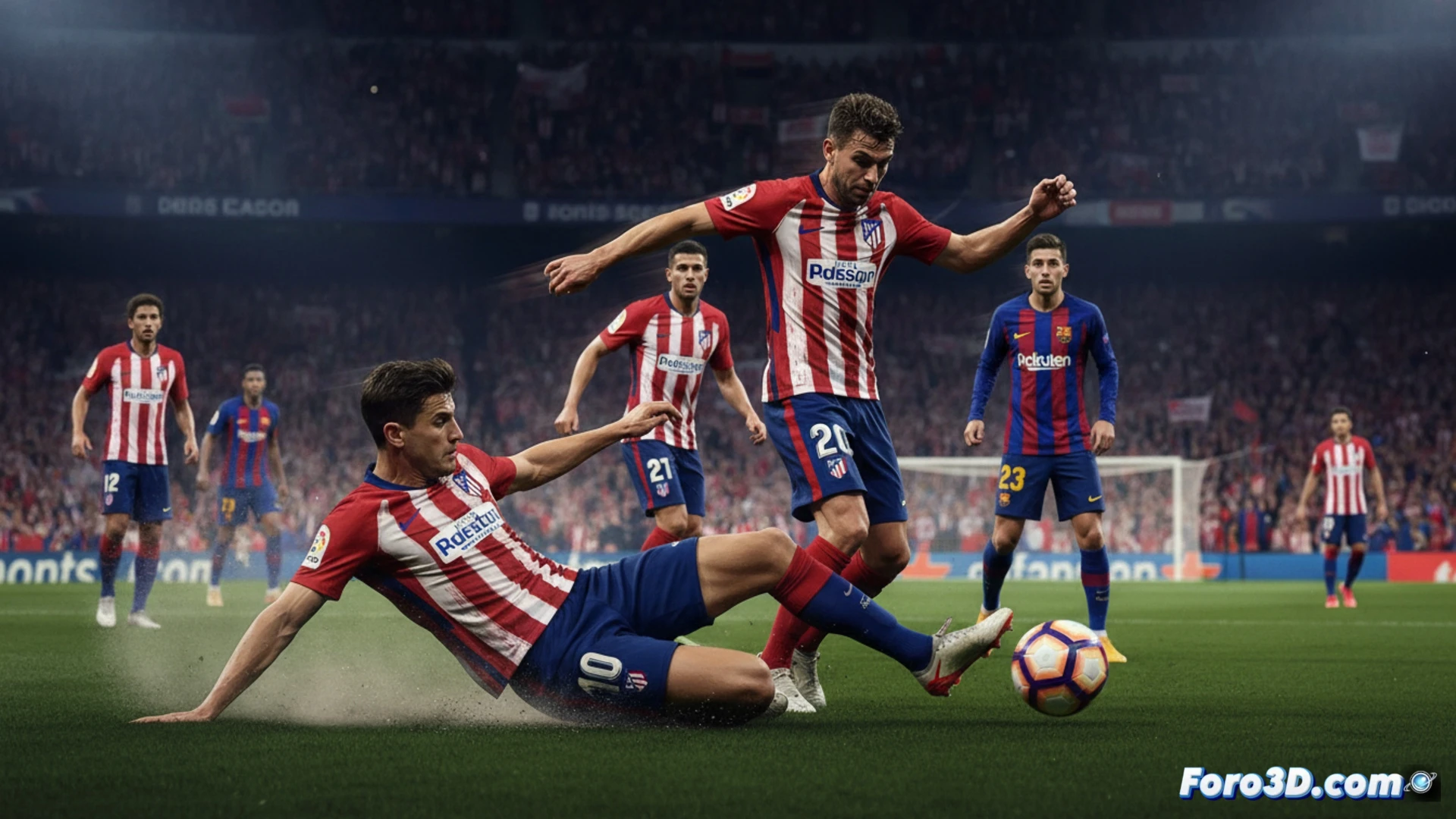 Modelo 3D del calendario del Atletico de Madrid en abril, con partidos clave conectados por lineas de esfuerzo fisico.