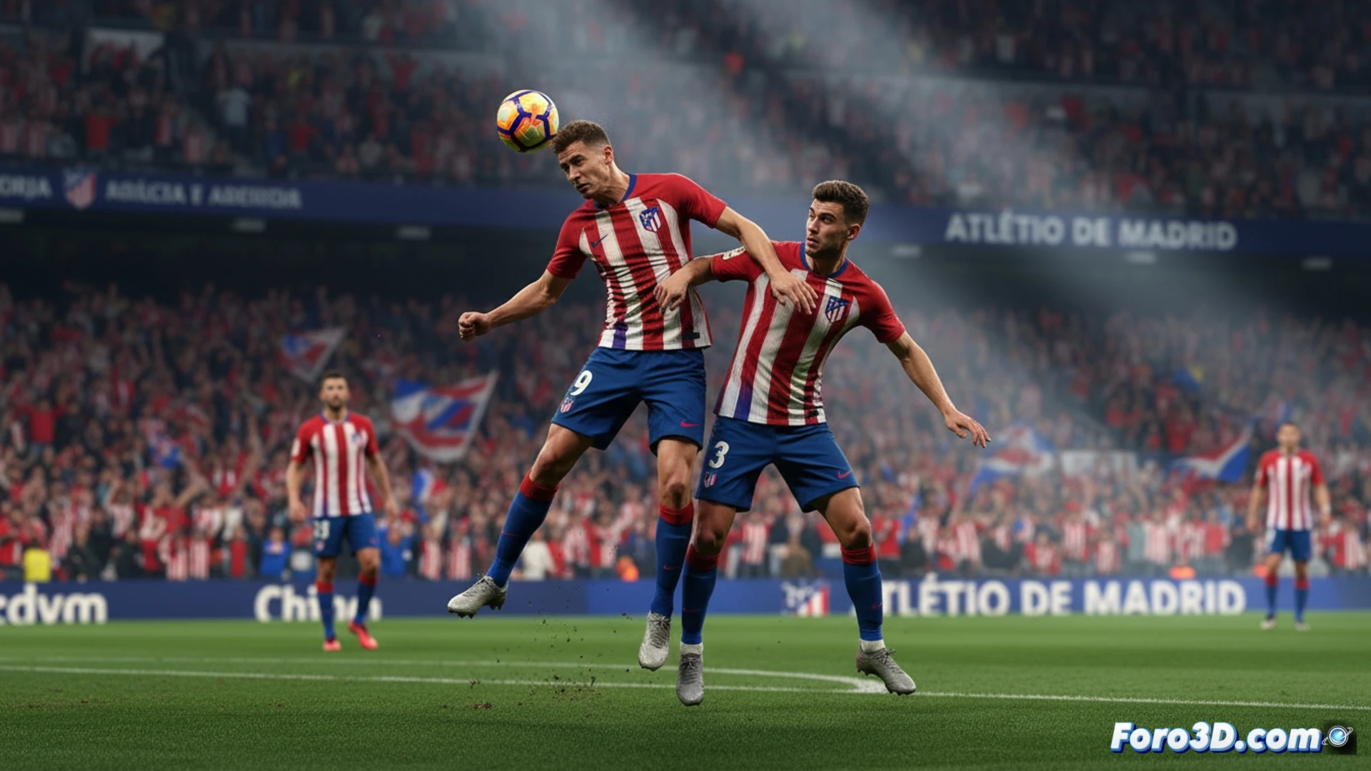 Estadio Metropolitano en render 3D con datos de socios superpuestos y gradines llenas de aficionados virtuales.