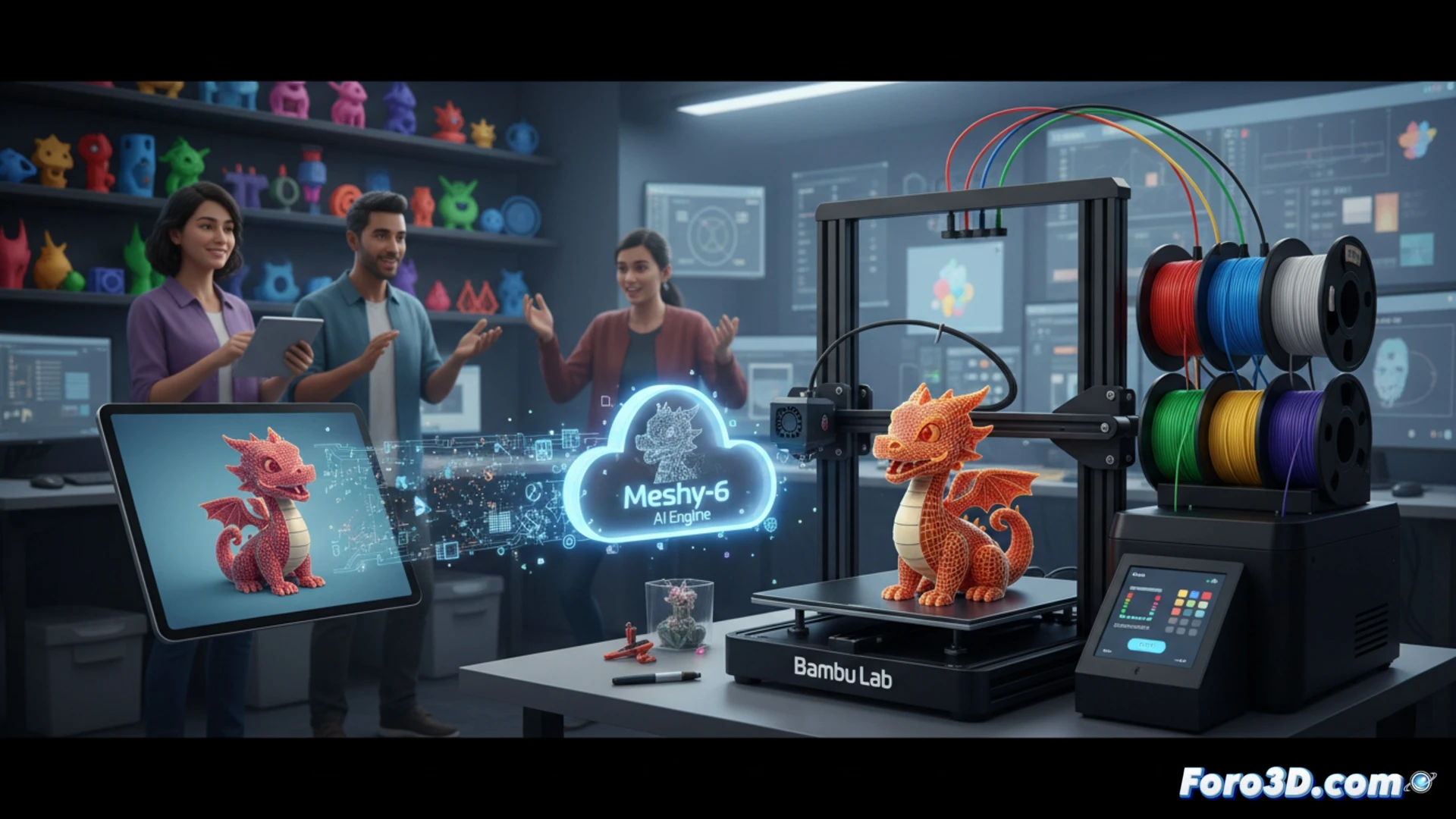 Interfaz de Bambu Lab MakerWorld mostrando la opcion de crear un modelo 3D desde una foto usando la IA de Meshy.