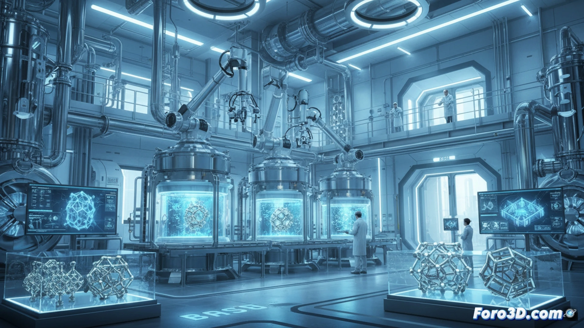 Planta industrial de BASF con impresoras 3D fabricando catalizadores de geometria compleja para procesos quimicos.