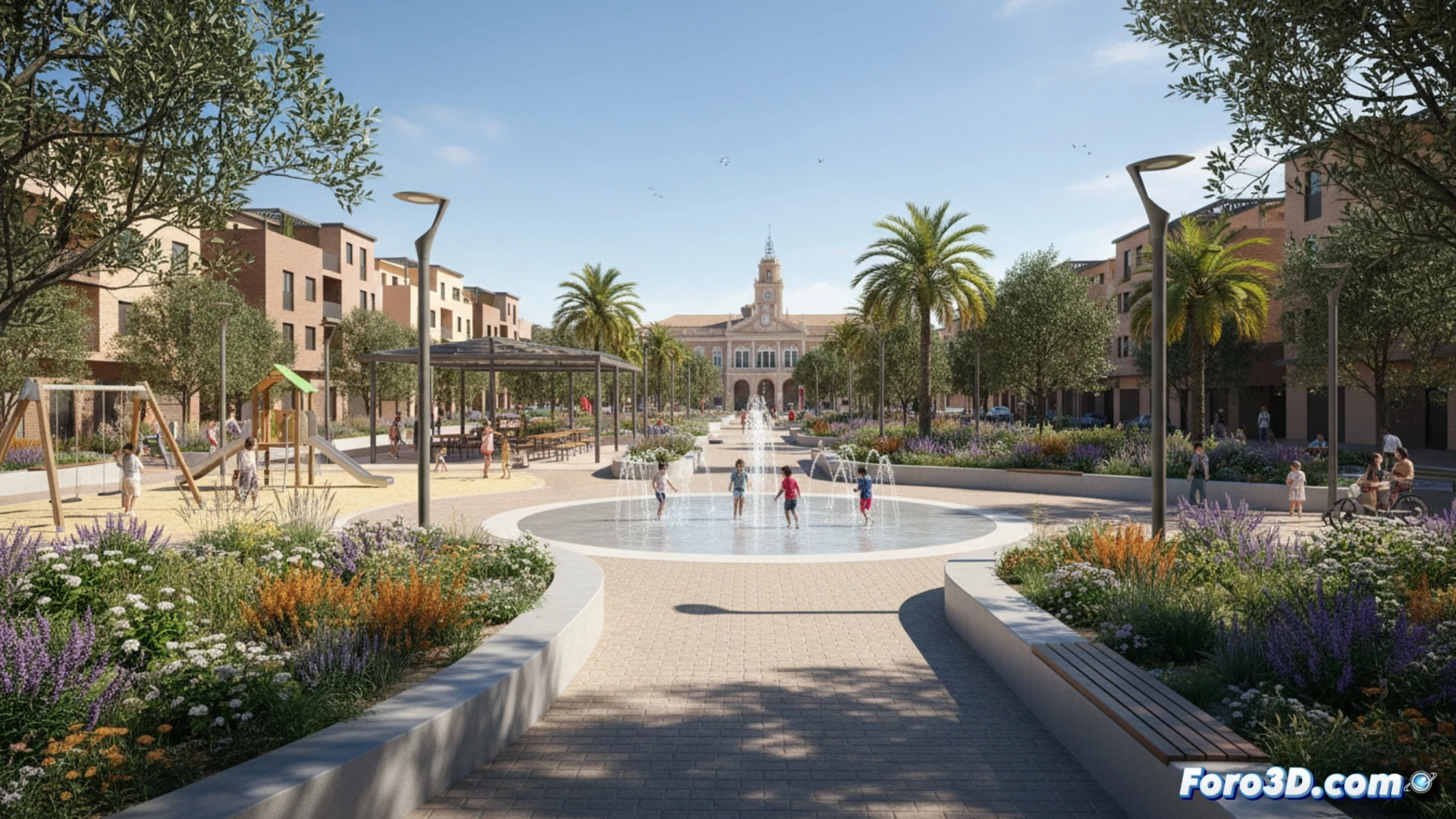 Vista aerea 3D del diseño del renovado parque Ingeniero Juan Garcia, mostrando areas verdes y zonas de estancia.