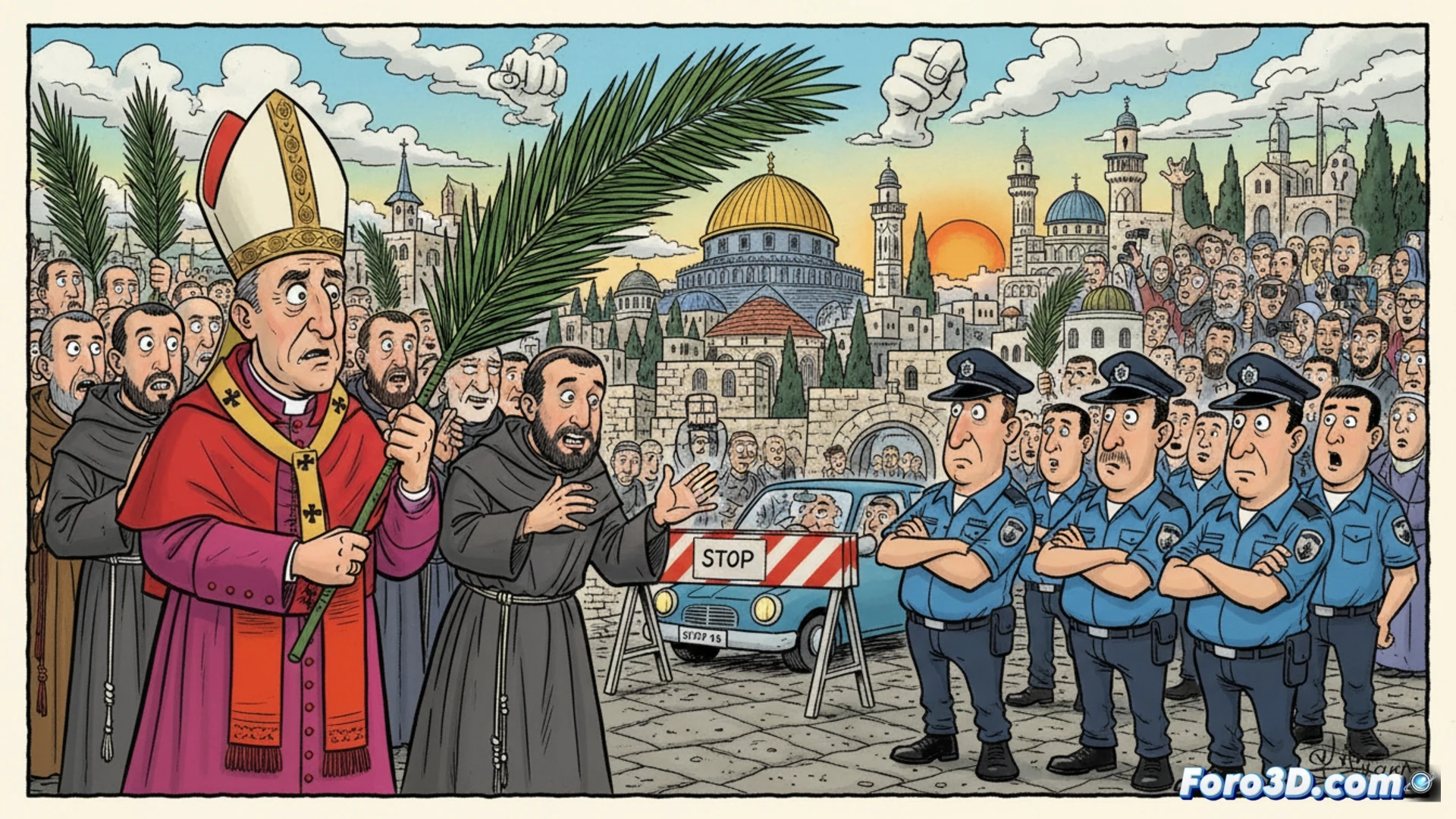 Representacion 3D de la Ciudad Vieja de Jerusalen, destacando nodos criticos de acceso y control en sus murallas.