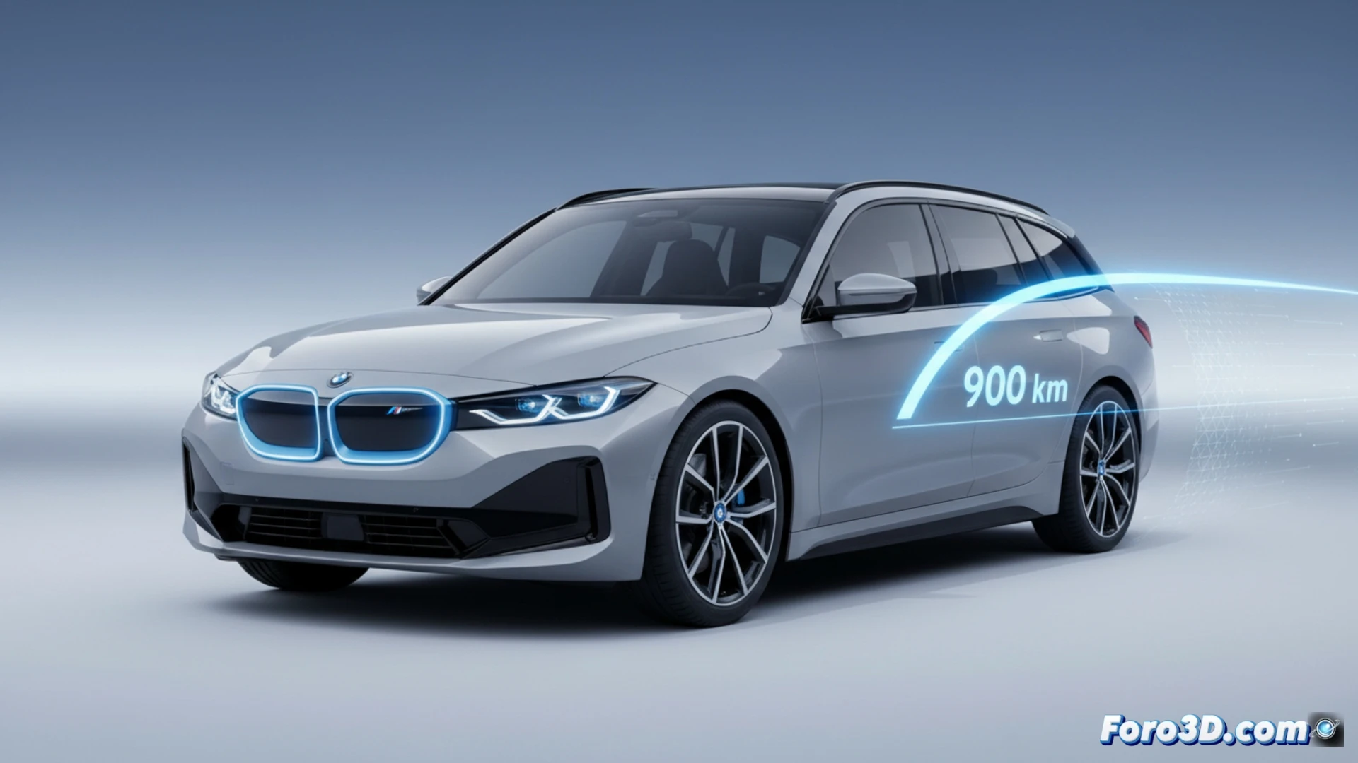 Prototipo digital del BMW i3 Touring 2027, mostrando su diseño familiar y trasero con luces en L, sobre fondo tecnológico.
