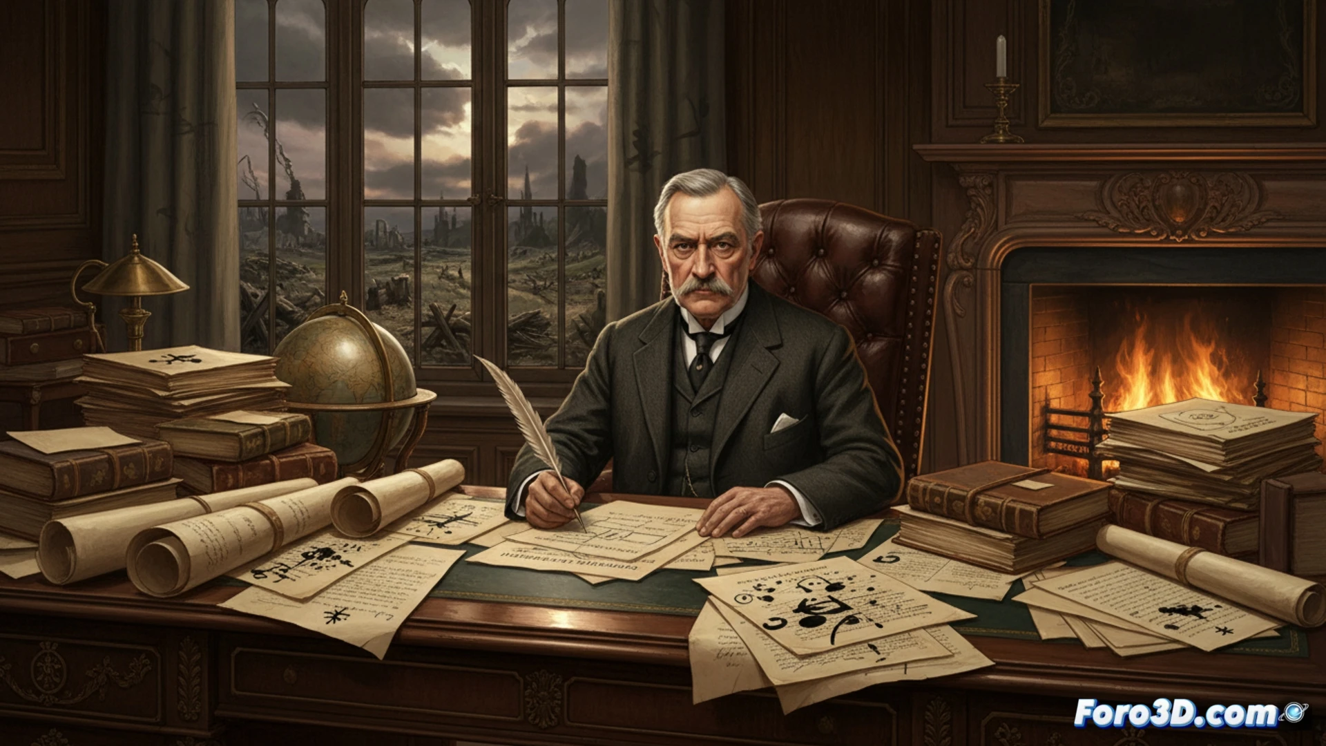 Modelo 3D de un borrador del Tratado de Versalles con anotaciones y capas de revisiones superpuestas.