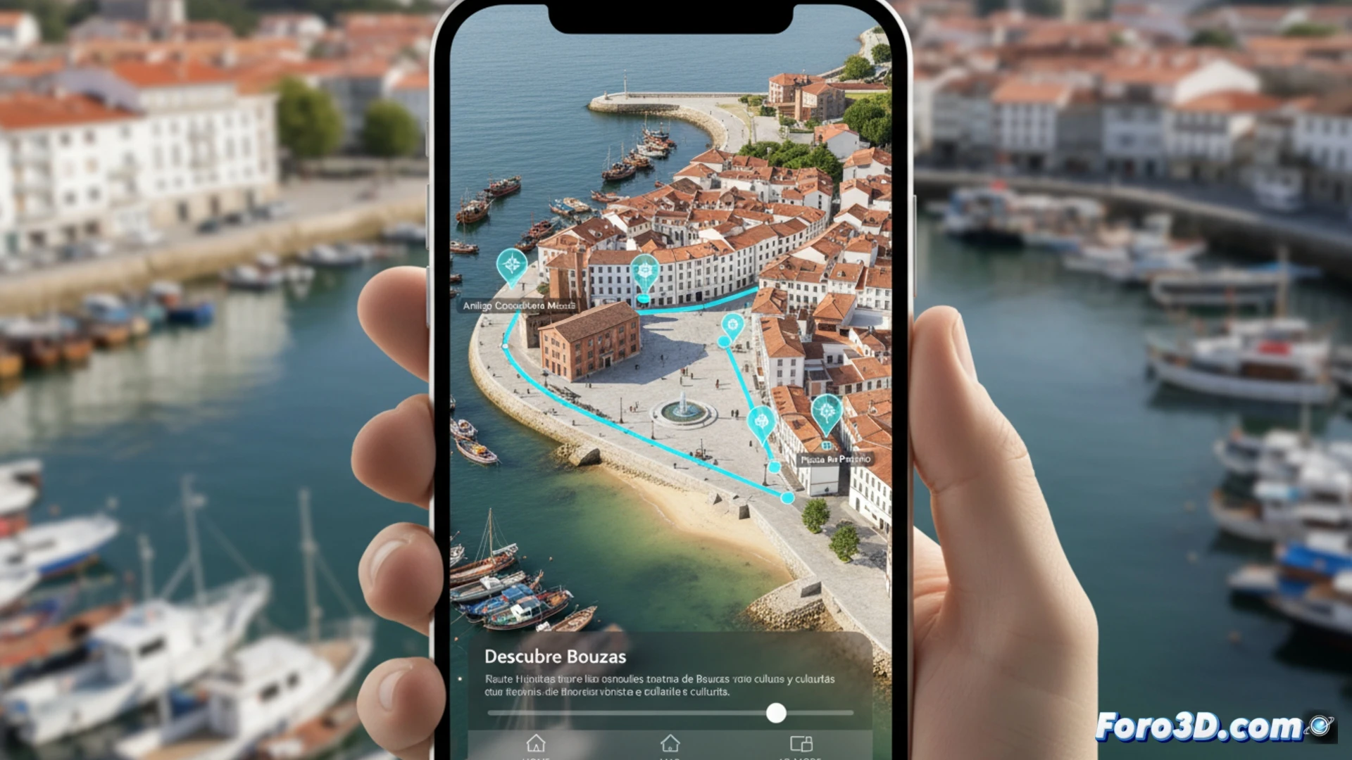 Recreacion 3D del barrio marinero de Bouzas en Vigo, mostrando edificios historicos y una ruta digital en una pantalla de movil.