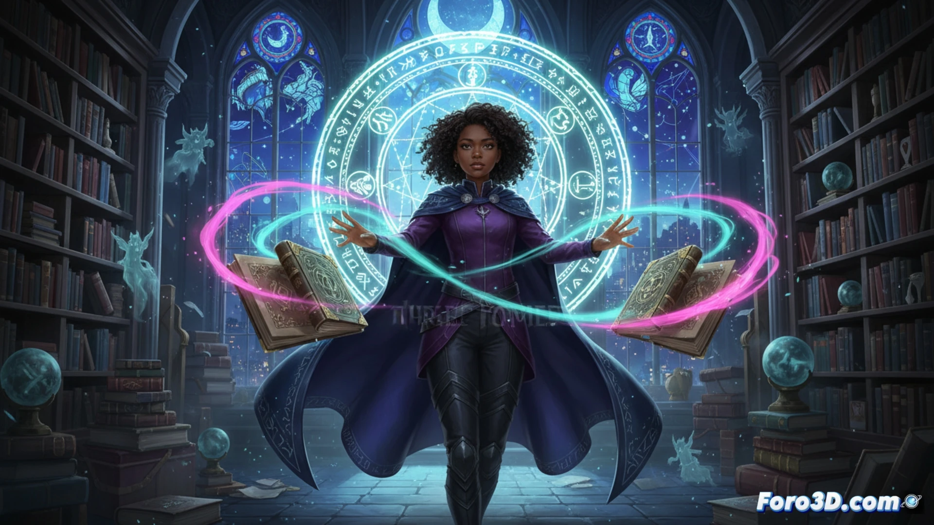 Una joven bruja negra sostiene tres libros antiguos brillantes, rodeada de magia colorida y símbolos encantados, en un estilo anime vibrante.