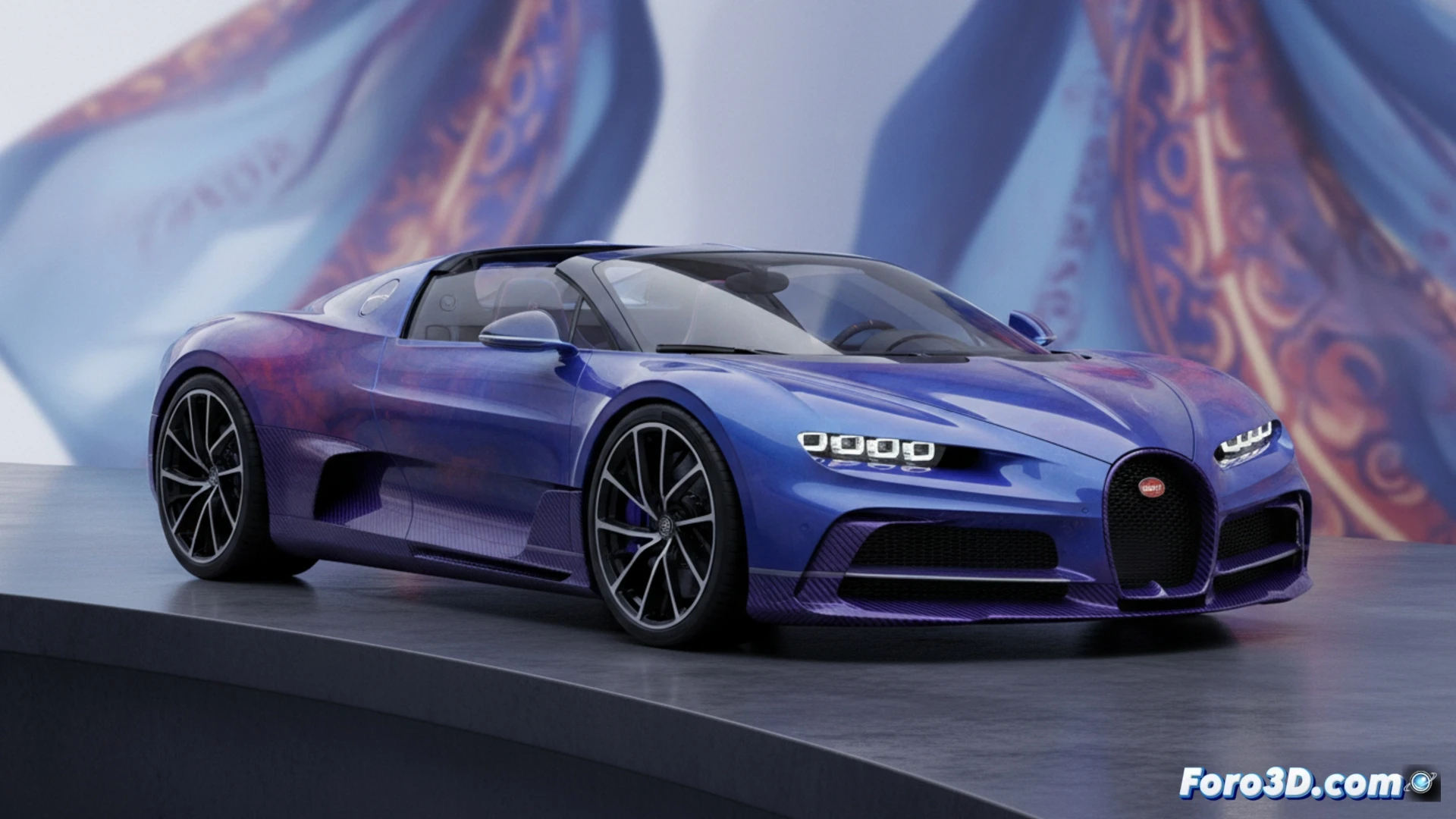 Bugatti W16 Mistral Caroline, roadster unico en tonos azules y violetas sobre fibra de carbono, detenido en un paisaje.