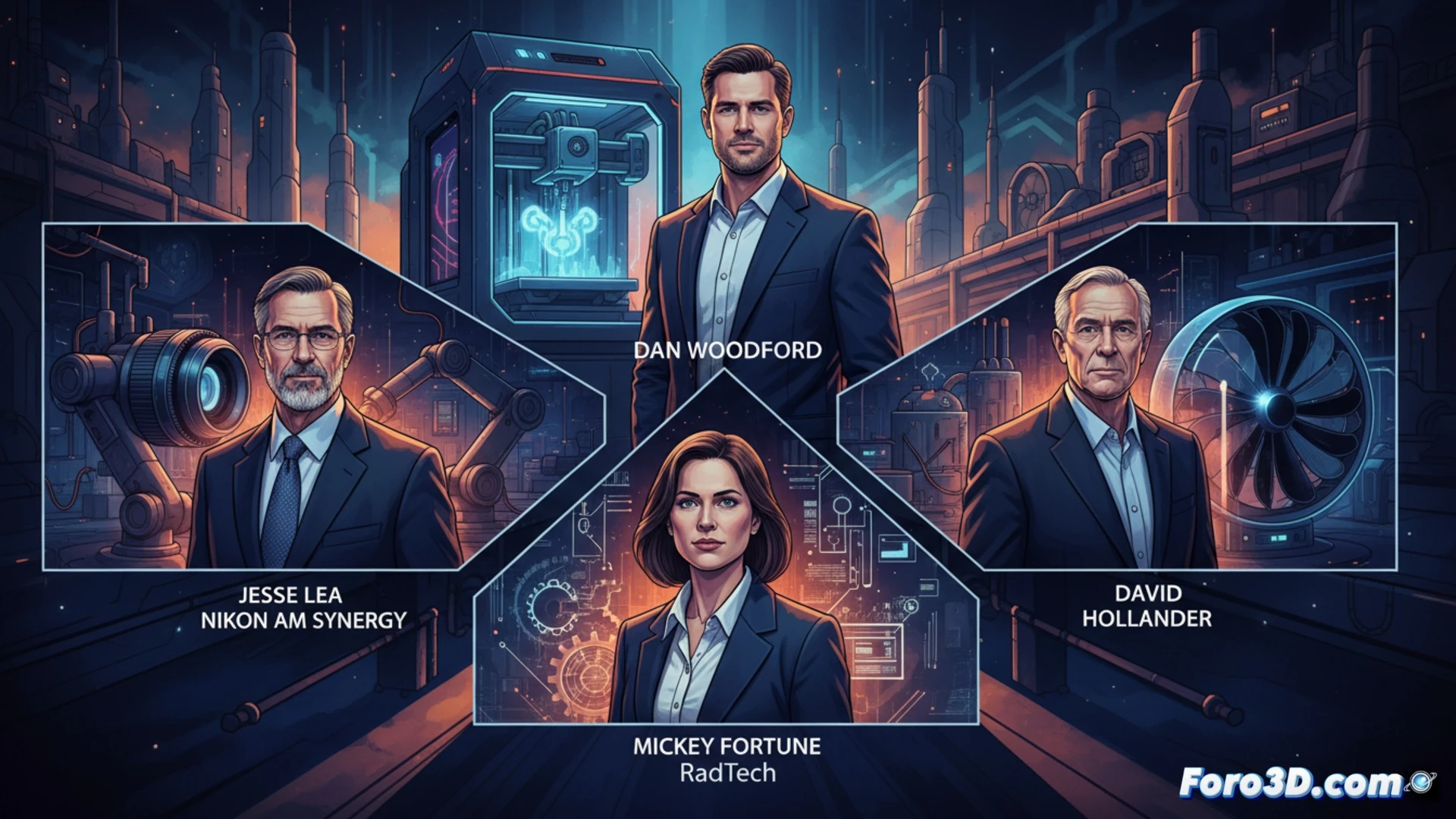 Ejecutivos en reunión estratégica con piezas impresas en 3D y gráficos de crecimiento de mercado de fondo.