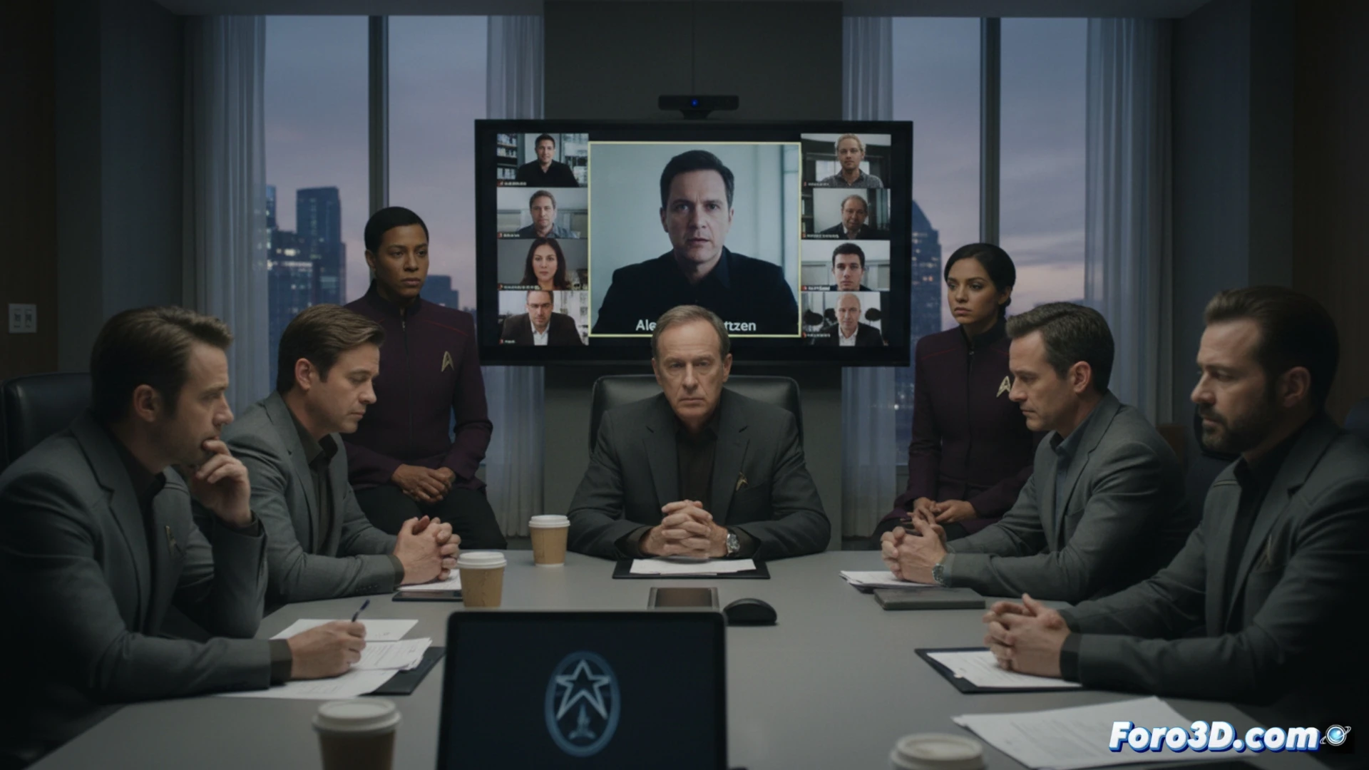 Un cadete de Starfleet mira una pantalla holografica con datos de audiencia en declive, en una sala futurista.