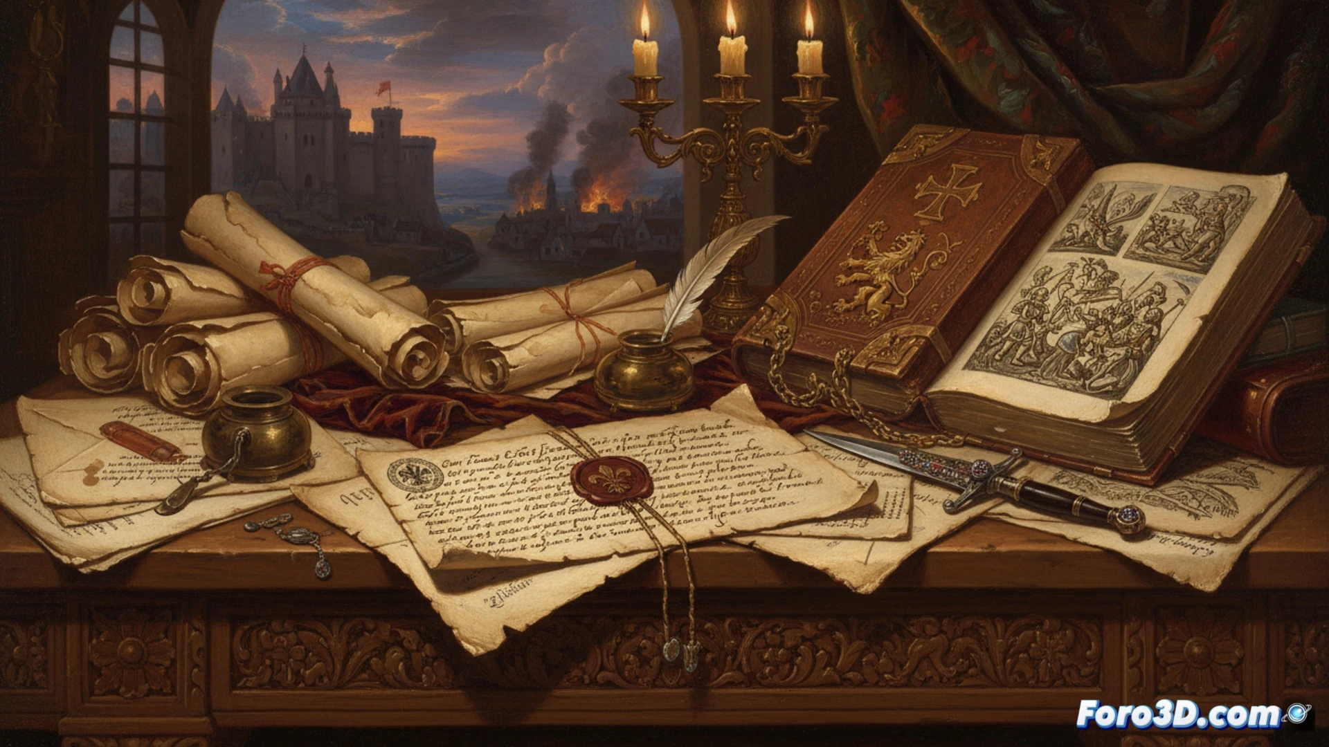 Una red de nodos y conexiones brillantes en 3D, emergiendo de un pergamino antiguo con sellos de la reina Catalina.