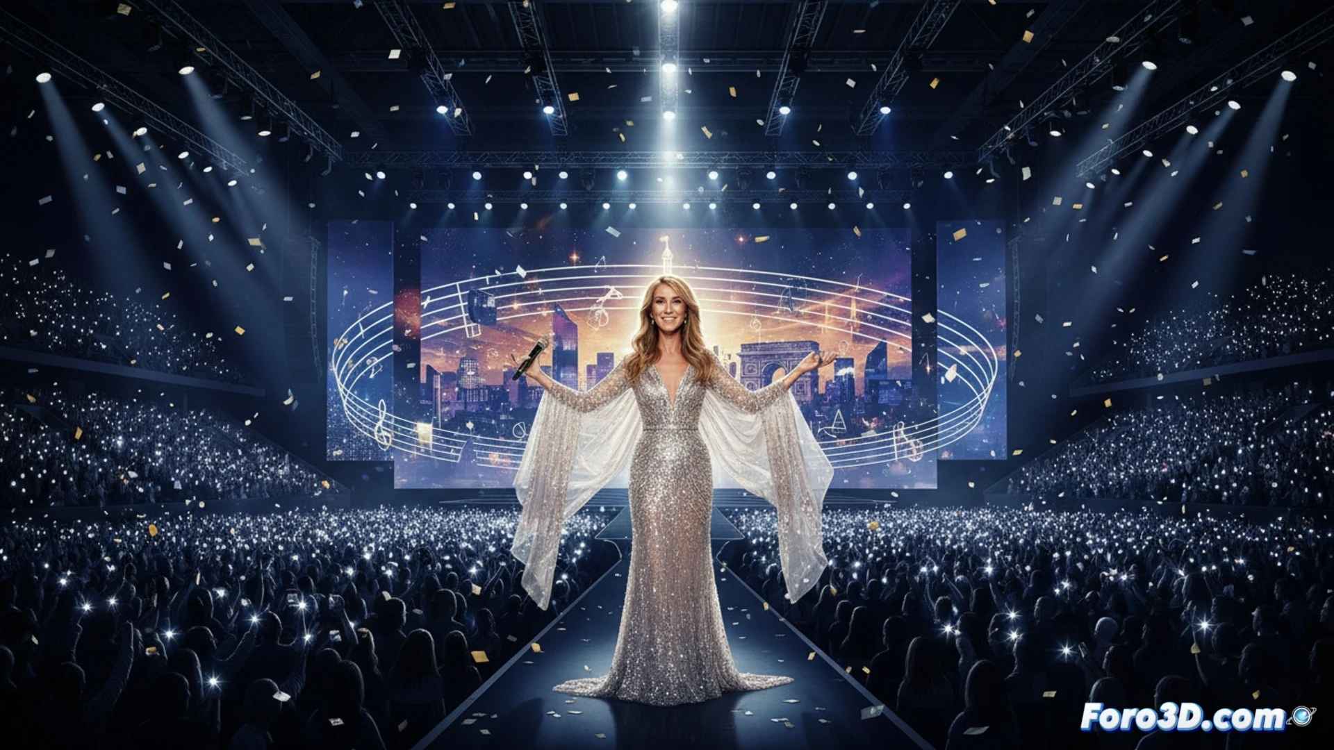 Maqueta digital 3D del escenario para el concierto de Celine Dion en la Paris La Defense Arena, mostrando proyecciones y estructuras.