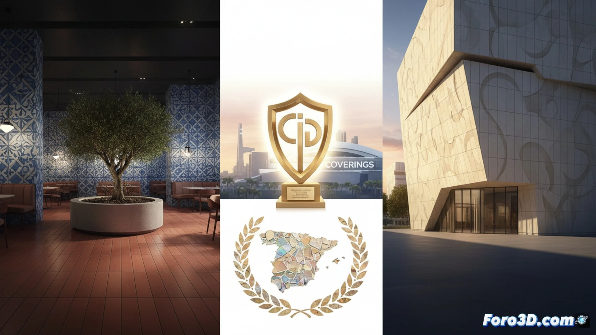 Fachada e interior con cerámica premiada en los CID Awards, destacando textura y aplicacion arquitectonica.