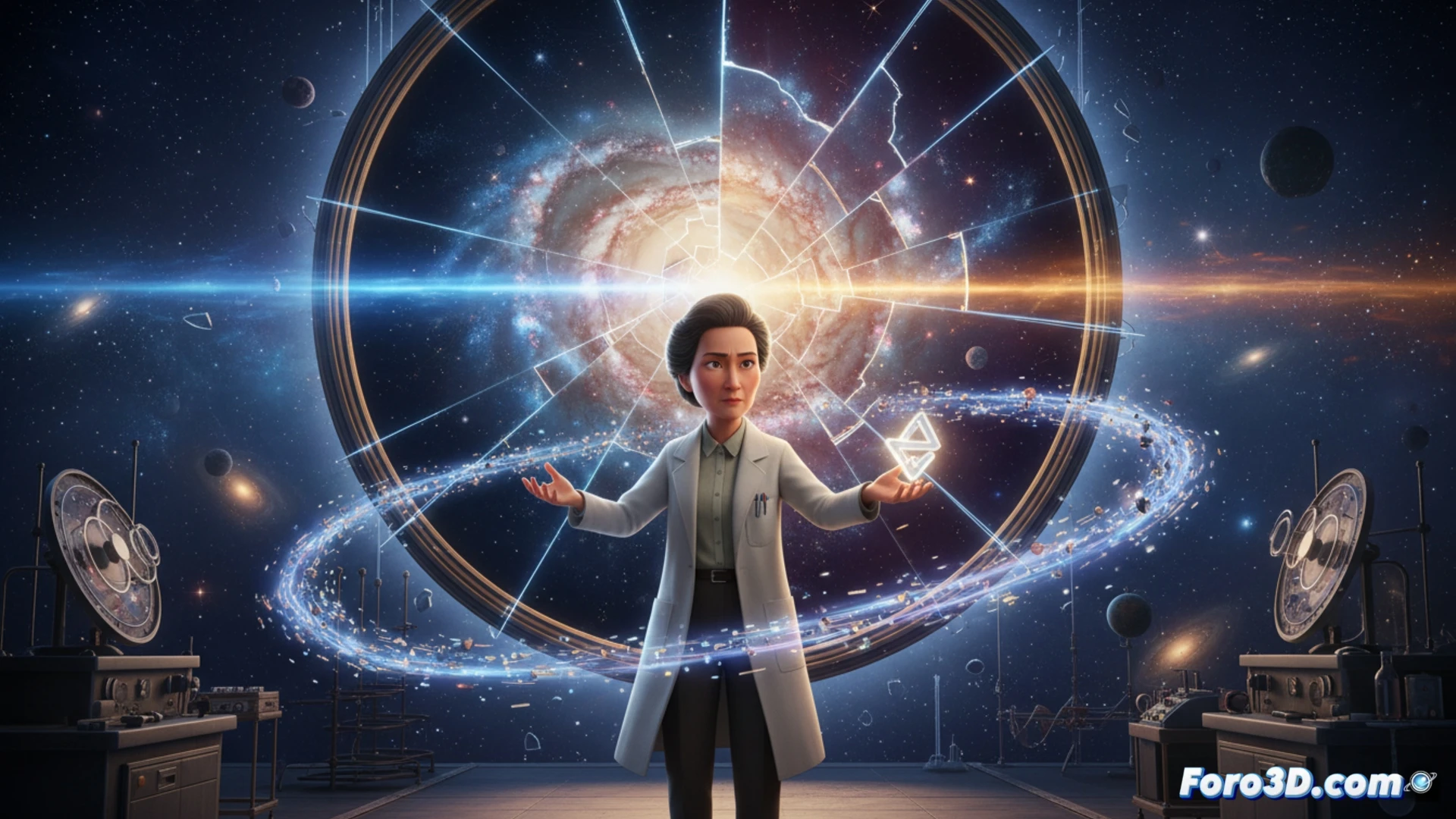 Una física observa, en un laboratorio estilizado, cómo una simetría cósmica perfecta se quiebra, revelando un universo asimétrico y vibrante.