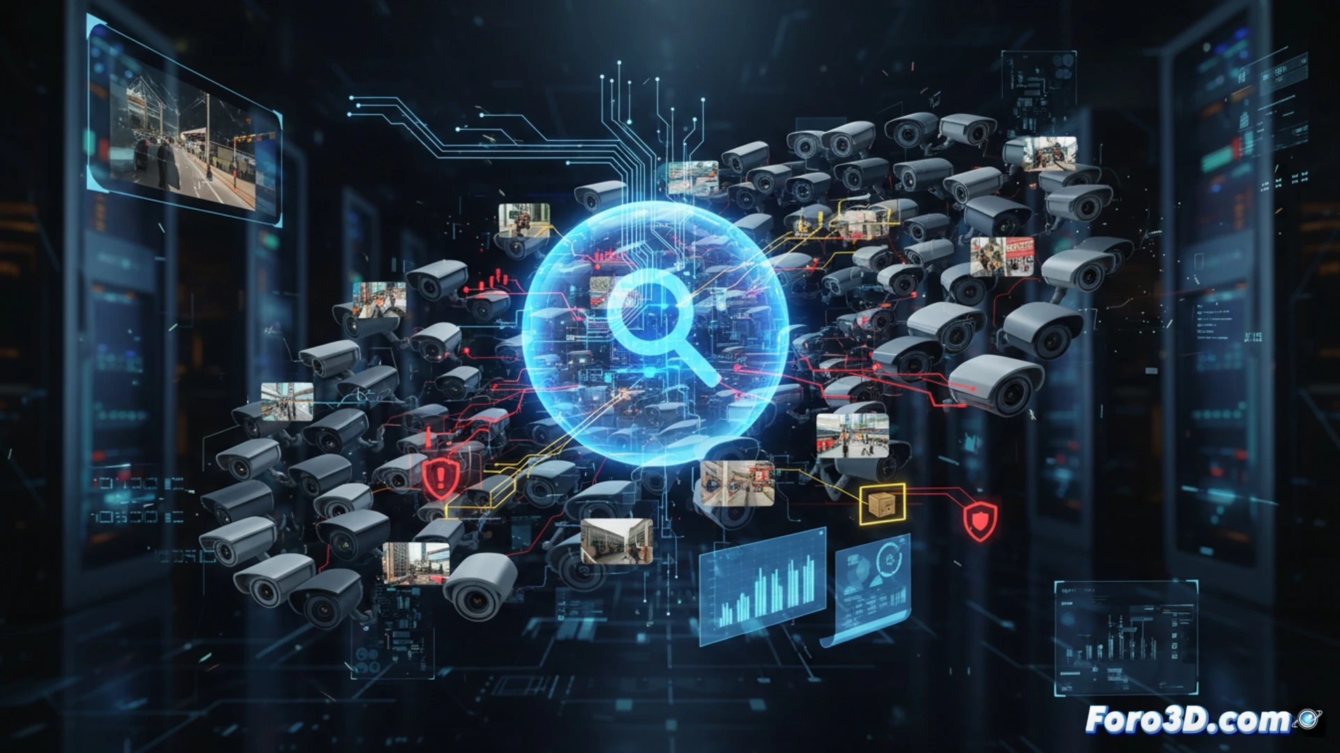 Un ojo de inteligencia artificial sobre un mosaico de pantallas de vigilancia en una ciudad, simbolizando el buscador Conntour.