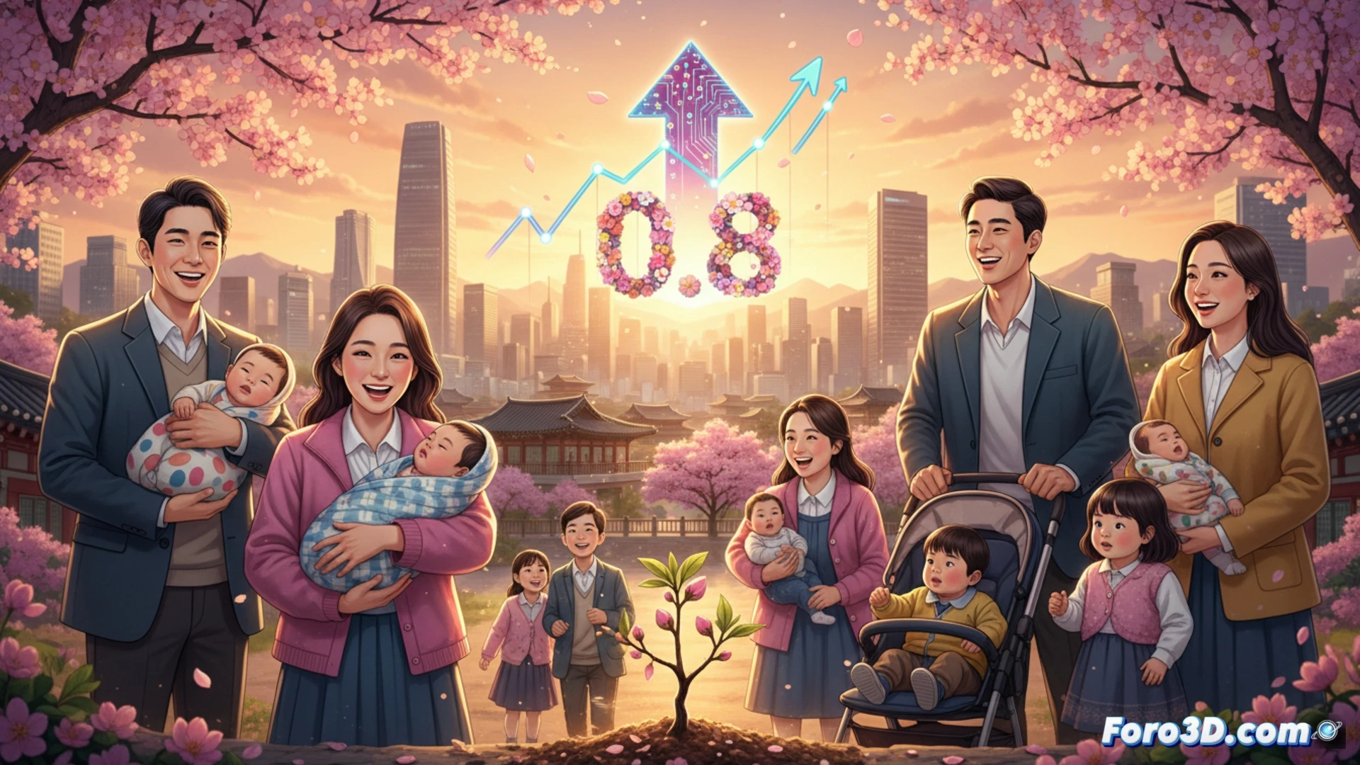 Una gráfica ascendente con bebés coreanos sonrientes, superpuesta sobre un mapa de Corea del Sur. Al fondo, parejas jóvenes caminan hacia un horizonte más brillante.