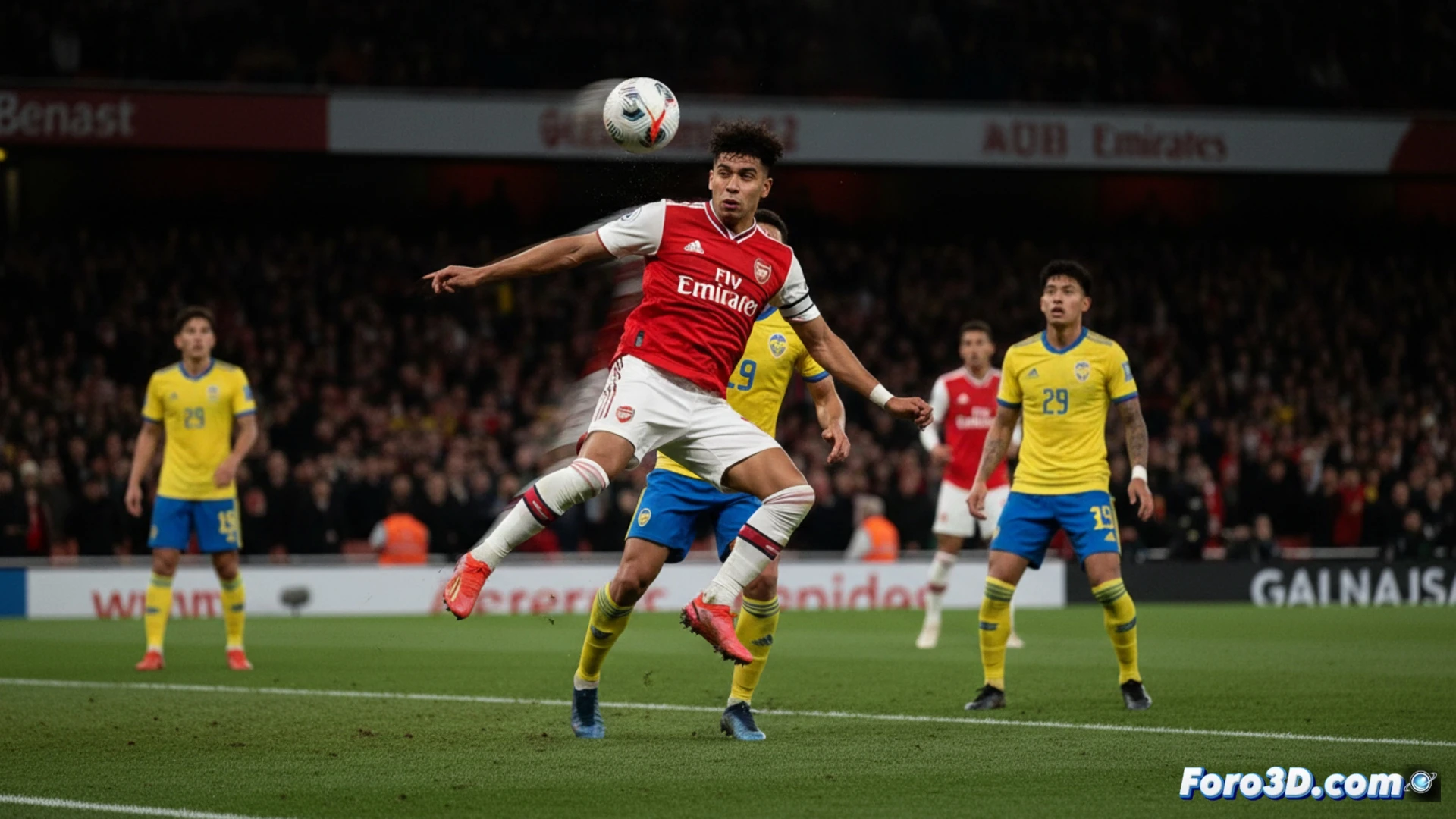 Modelo 3D de un jugador de futbol en crecimiento, con vertices unidos formando una trayectoria ascendente.