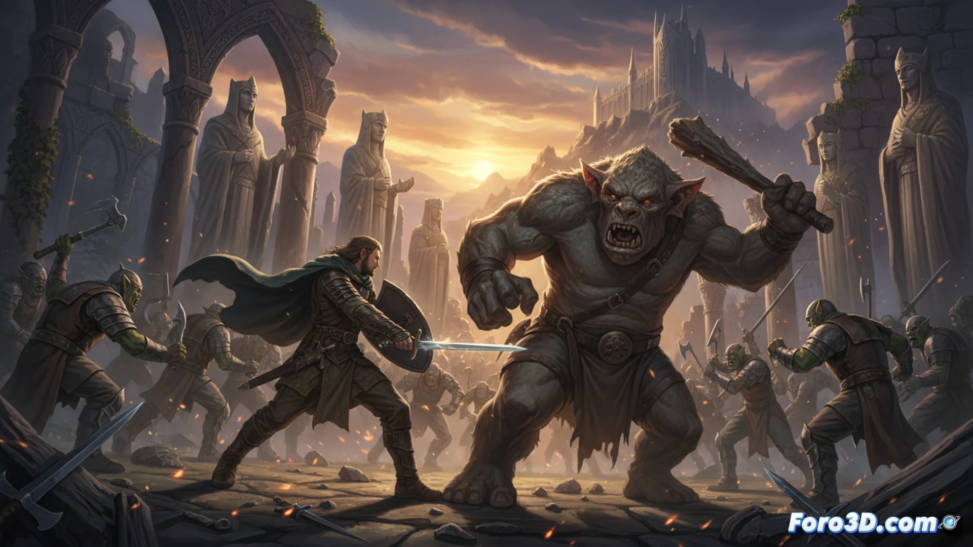 Protagonista con espada observando un paisaje epico de la Tierra Media, con criaturas oscuras al acecho.