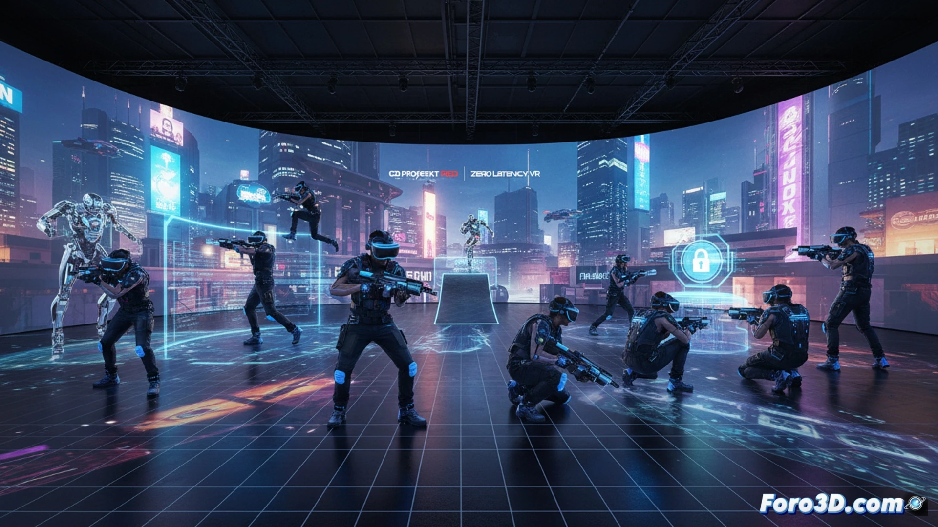 Grupo de jugadores con gafas y mochilas de realidad virtual en una instalacion de Zero Latency, inmersos en el mundo de Night City.