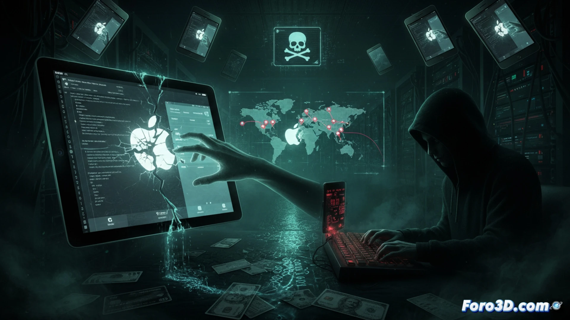 Icono de un escudo de seguridad roto junto a un telefono movil con el logotipo de una manzana, sobre un fondo de codigo binario.