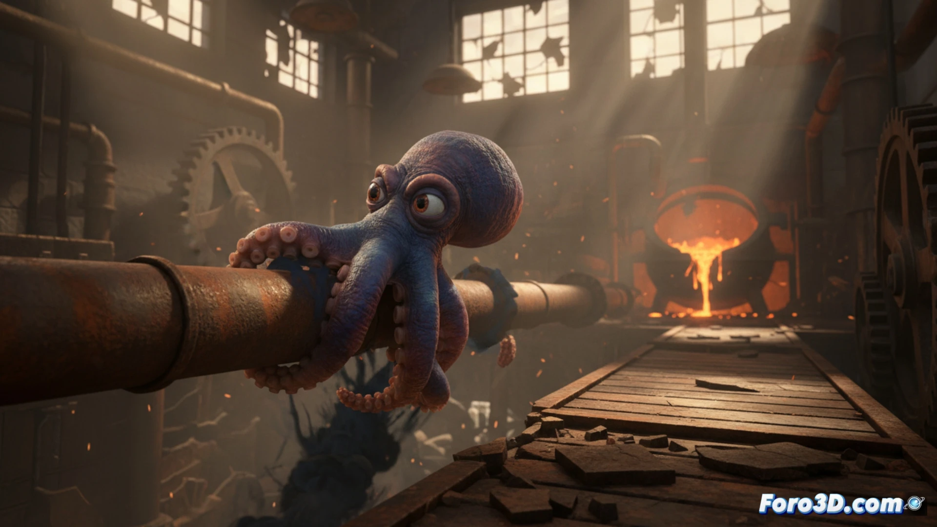 Un pulpo realista nada en un entorno submarino detallado con estilo visual reminiscente de animacion Pixar.