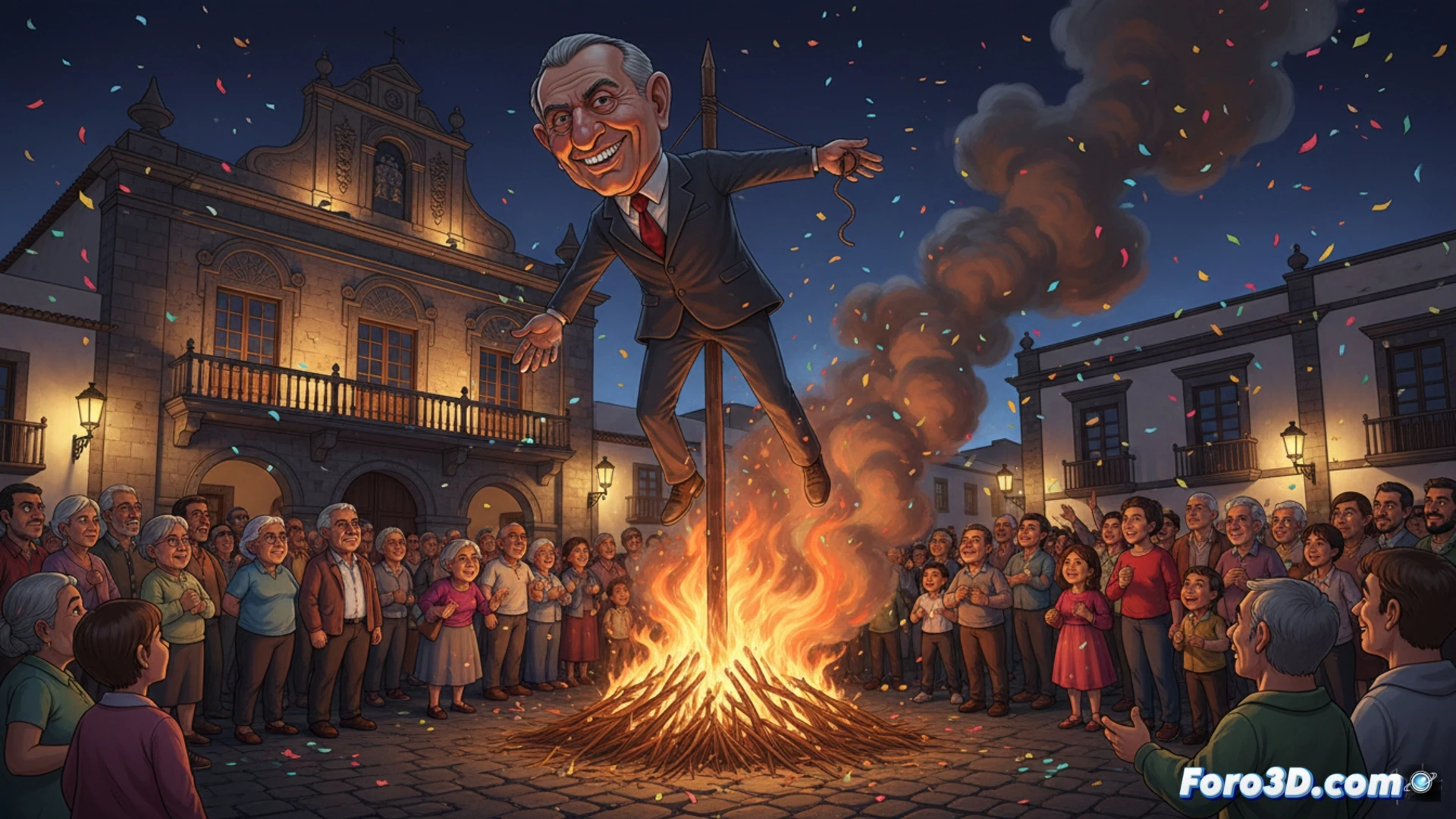 Una efigie 3D satirica de un politico se desintegra en particulas digitales sobre un fondo de codigo y llamas virtuales.