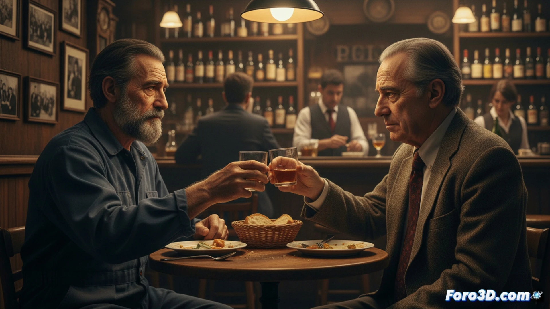 Un storyboard 3D muestra el reencuentro de dos personajes en una plaza, contrastando su juventud en 1975 y su madurez actual.