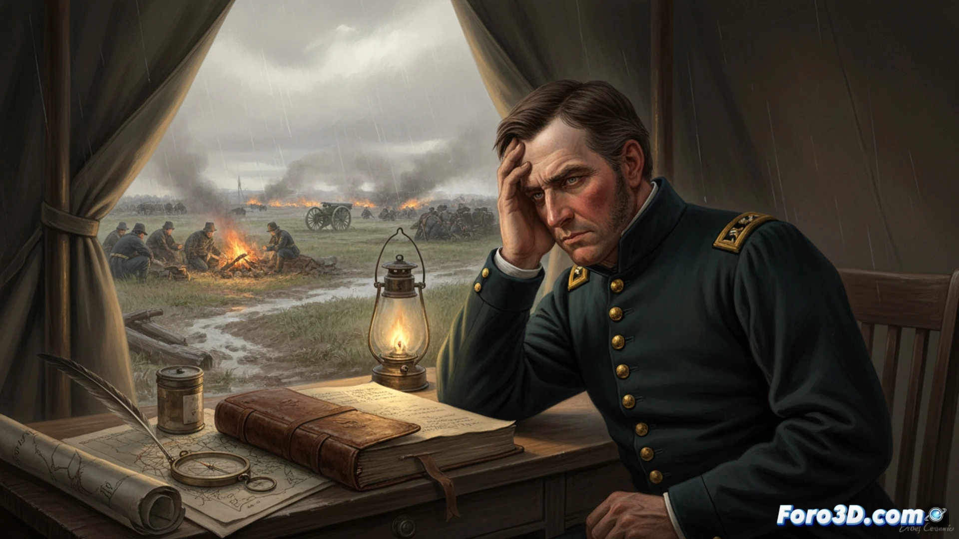 Modelo 3D topografico de la Peninsula de Virginia, mostrando rutas de avance unionistas y posiciones confederadas.