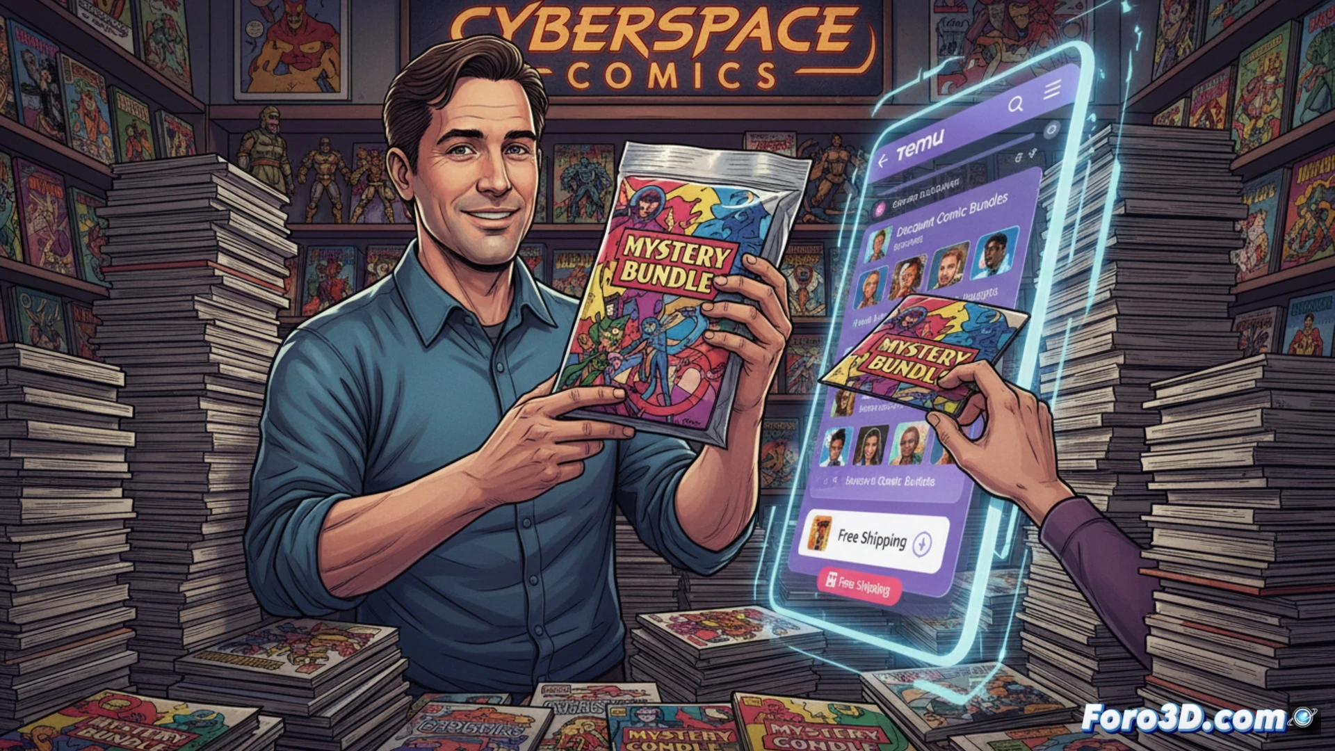 Un modelo 3D detallado de una figura de accion de coleccion gira sobre un fondo de tienda online moderna.