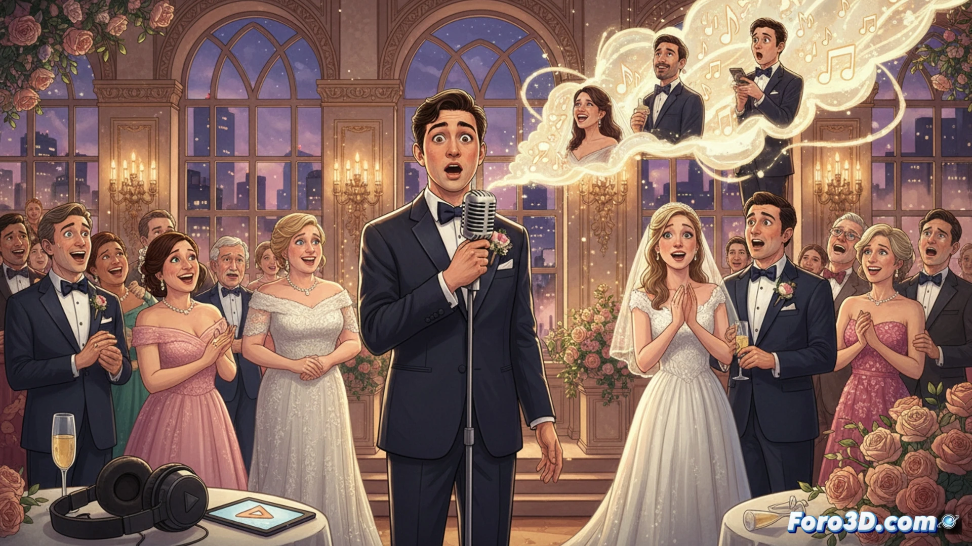 Ash Perez, conocido de Try Guys, hablando frente a un micrófono en un estudio de grabación, con auriculares.