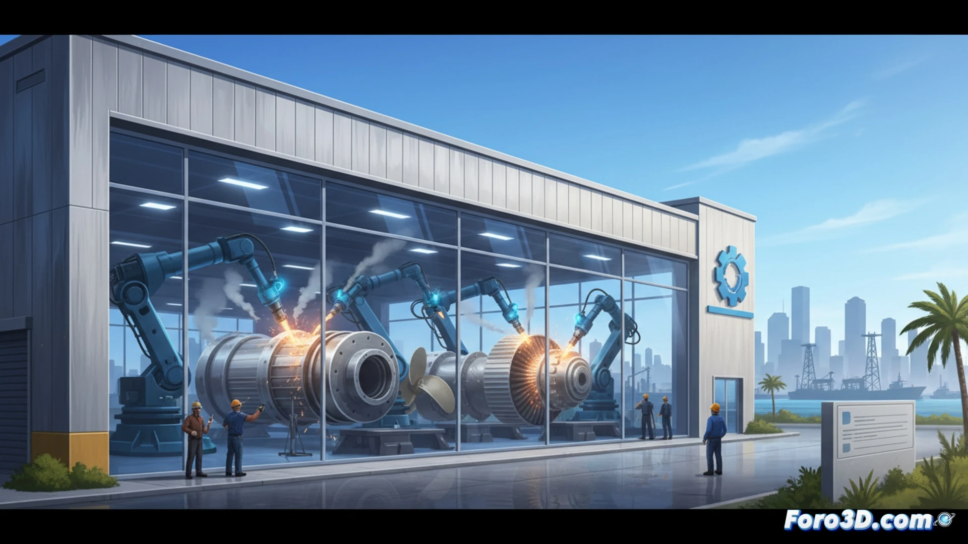 Nueva nave industrial de DEEP Manufacturing con robot WAAM fabricando una gran pieza estructural metálica.