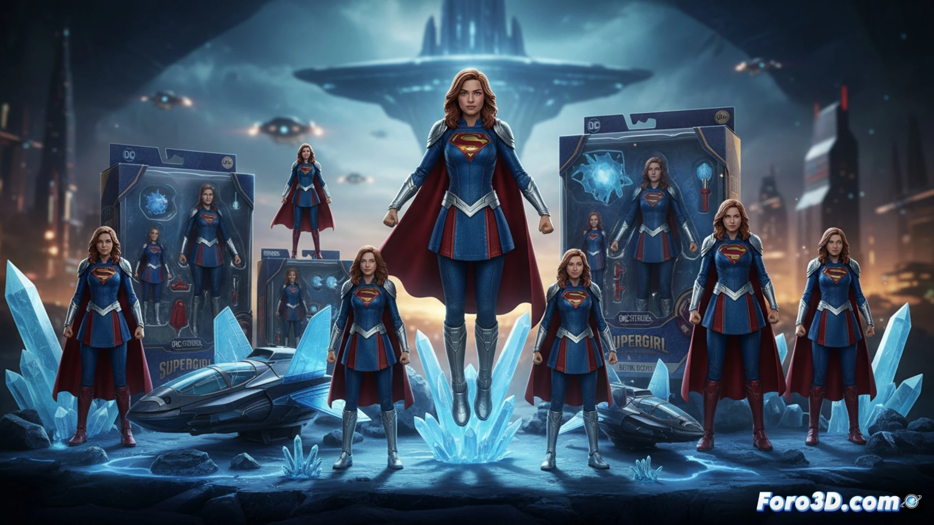 Modelo 3D alámbrico de Supergirl junto a una figura de acción física terminada, mostrando el proceso de transformación digital a tangible.