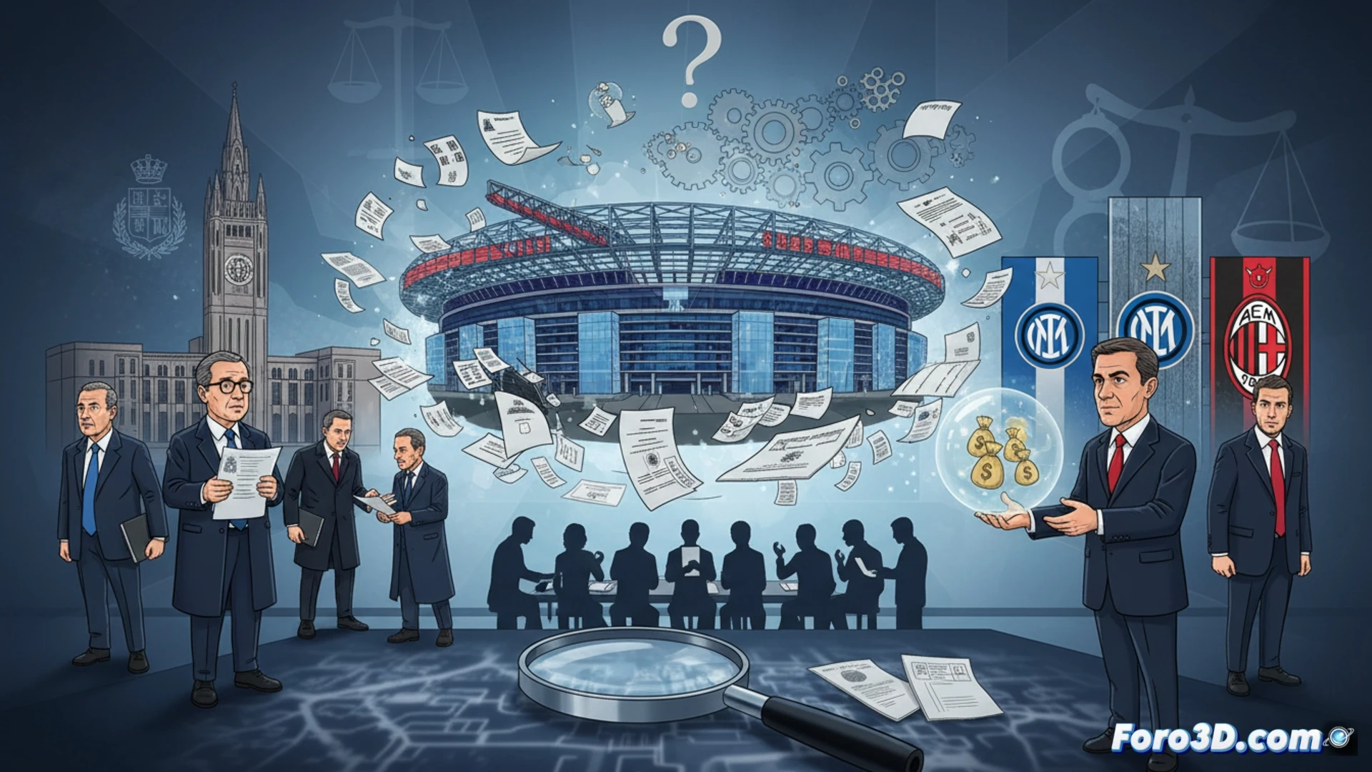 Reconstruccion 3D forense de un estadio y oficinas, mostrando evidencias digitalizadas en su contexto espacial original.