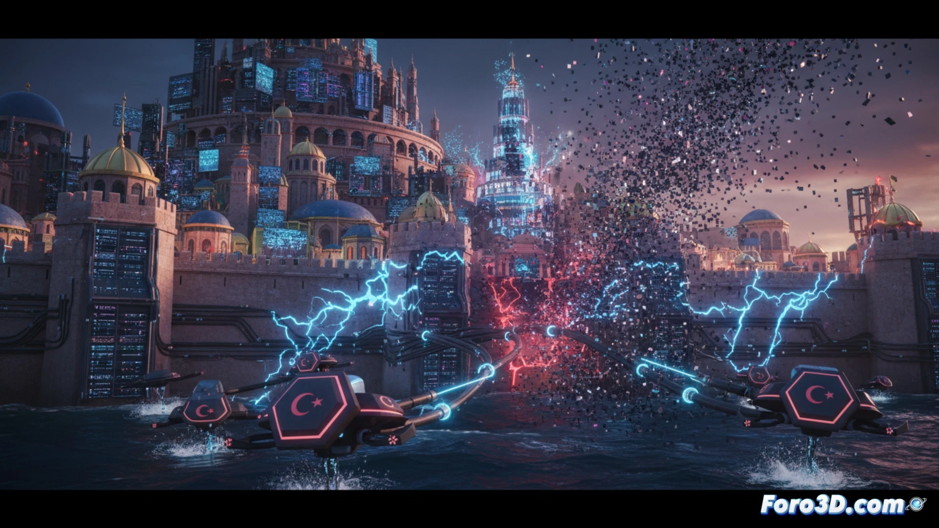 Un soldado bizantino digital observa la caída de un muro de datos convertido en una cascada de pixeles negros.