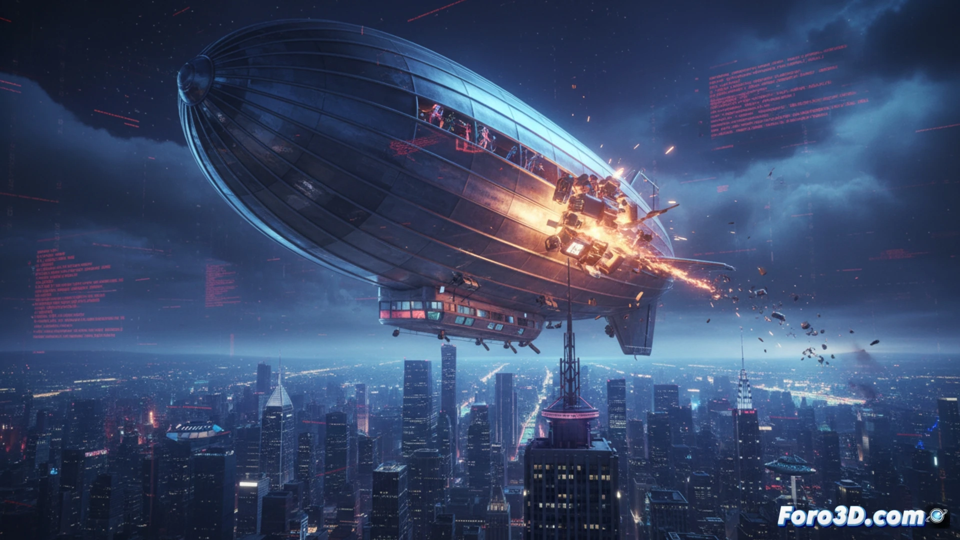 Maqueta 3D de un Hindenburg distópico sobre Nueva York, con hologramas de error proyectados en el cielo nocturno.