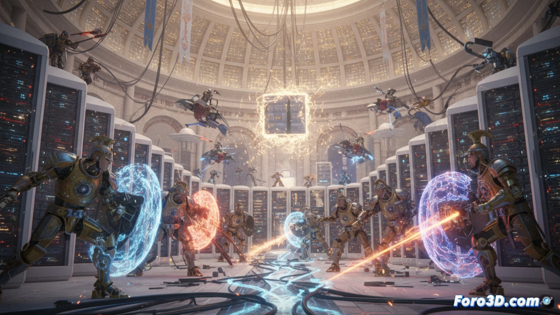 Un caballero cruzado con armadura cibernética frente a una catedral fusionada con servidores tecnológicos.