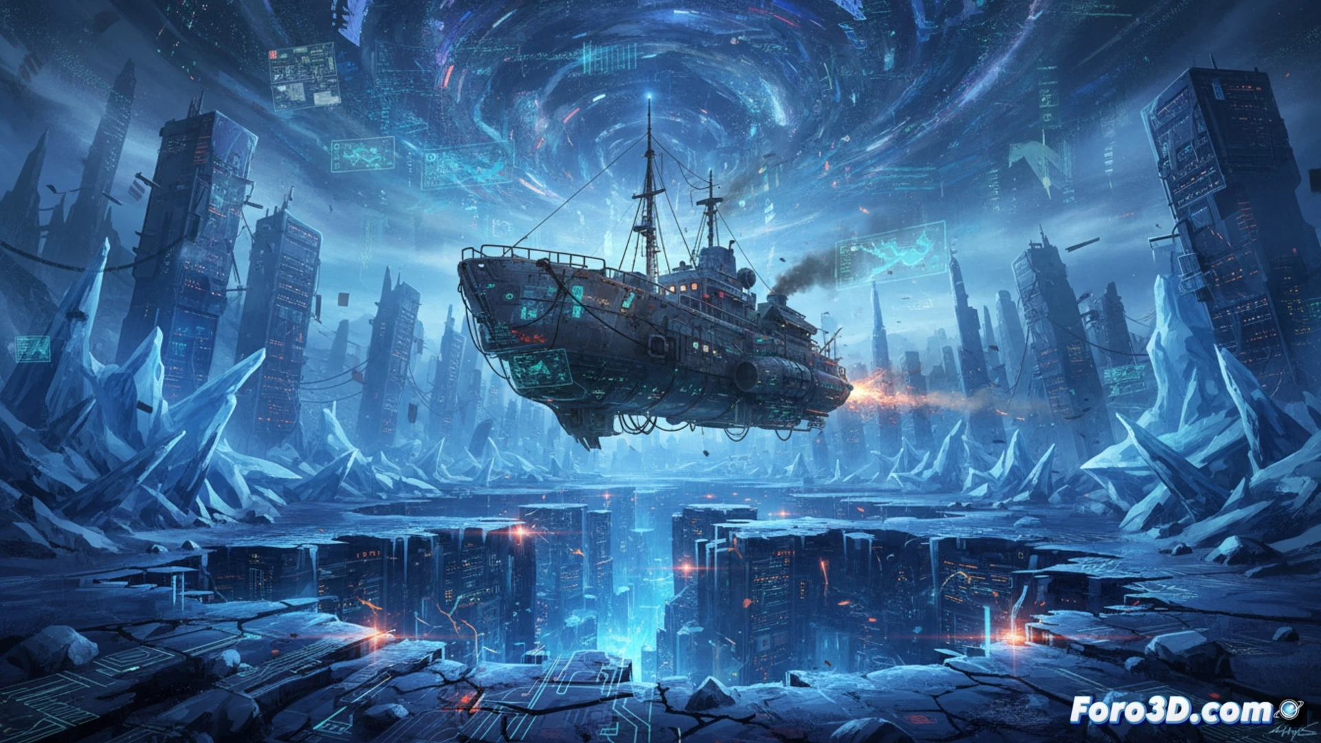 Un artista digital modela en 3D una estacion de investigacion futurista atrapada en un paisaje antartico de hielo y datos congelados.