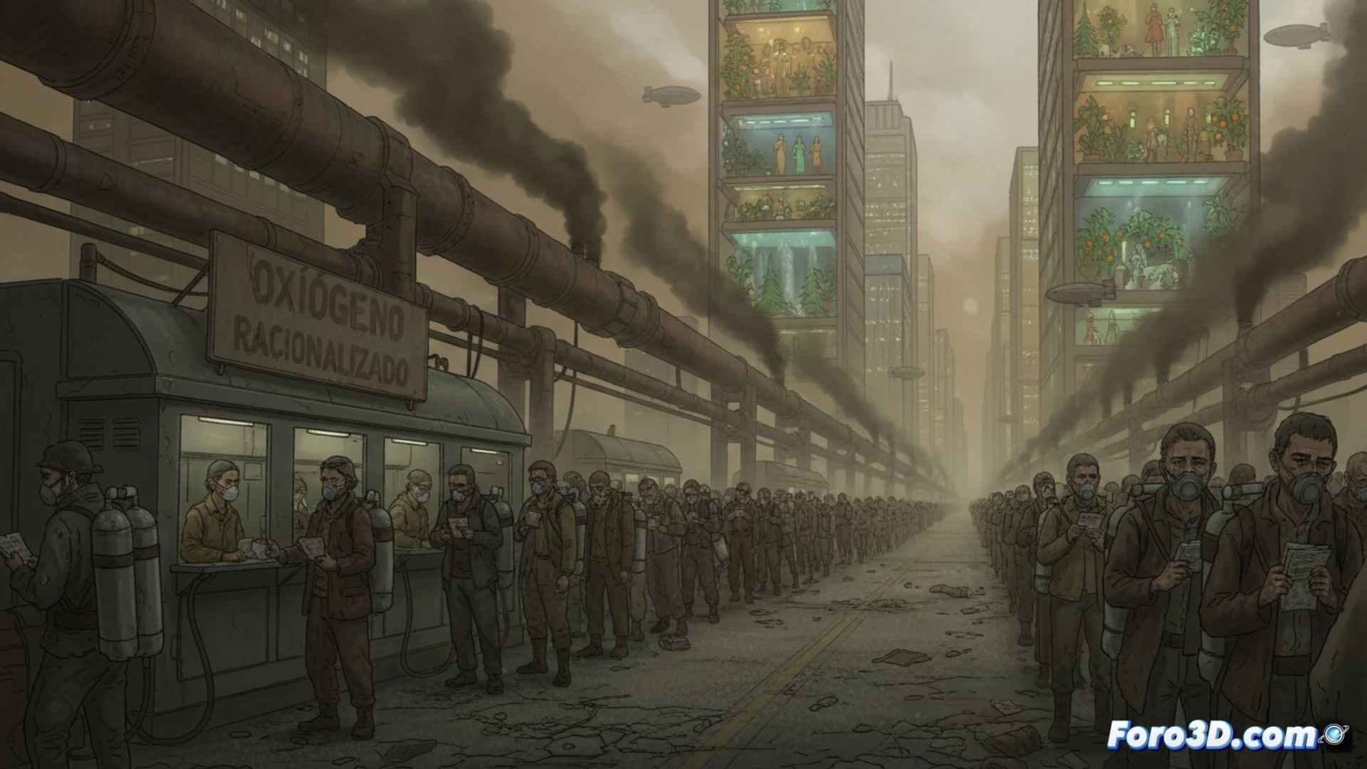 Concept art de una fila en una calle futurista neblinosa, con personas usando mascarillas frente a rascacielos luminosos.