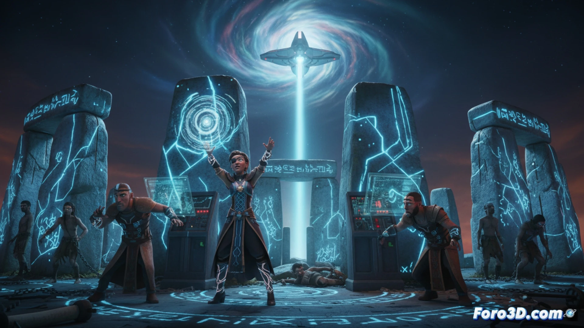 Stonehenge ancestral transformado en una antena alienígena, bloques de piedra vibrando con energia cian bajo un cielo tormentoso.