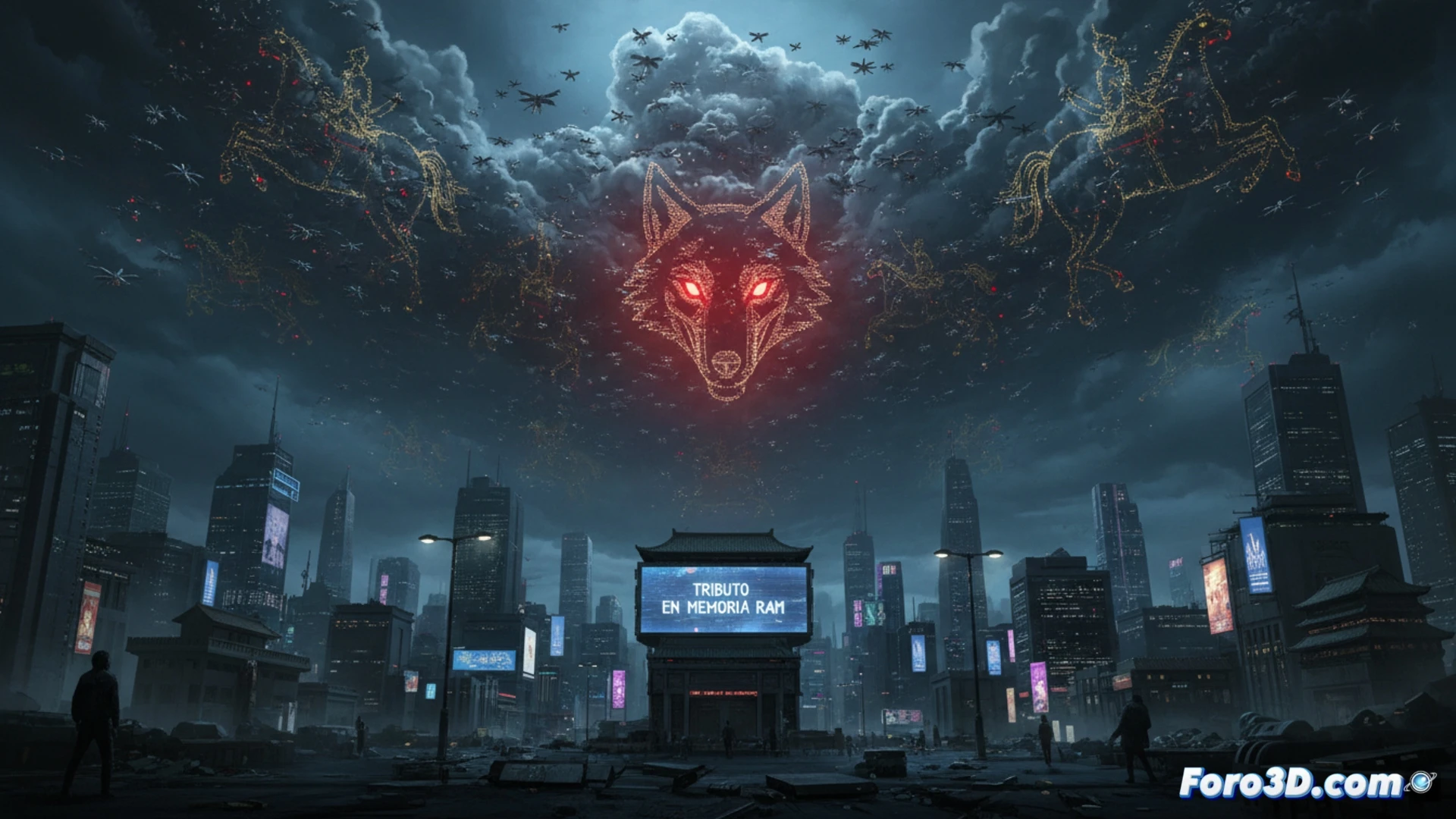 Un vasto enjambre de drones negros formando el rostro de un guerrero mongol sobre estepas futuristas.