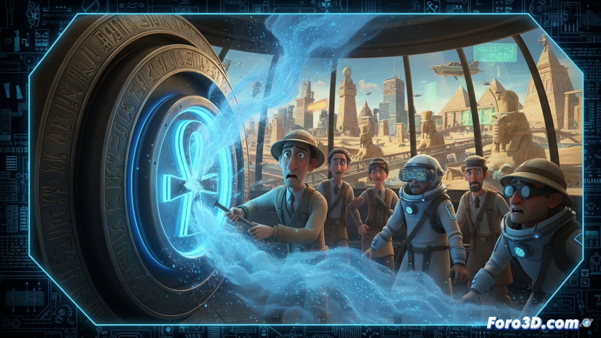 Un arqueólogo observa hologramas de jeroglíficos digitales que se corrompen y transforman en su terminal futurista.