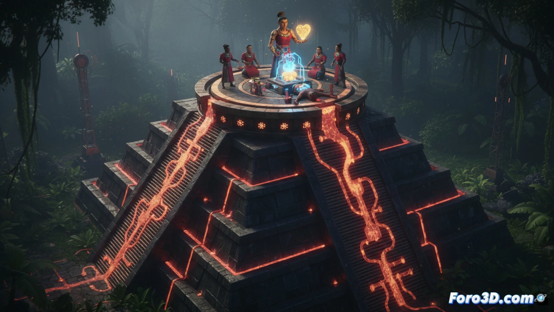 Vista aerea del Templo Mayor distopico, con energia luminosa roja fluyendo por sus canales hacia una piramide central.